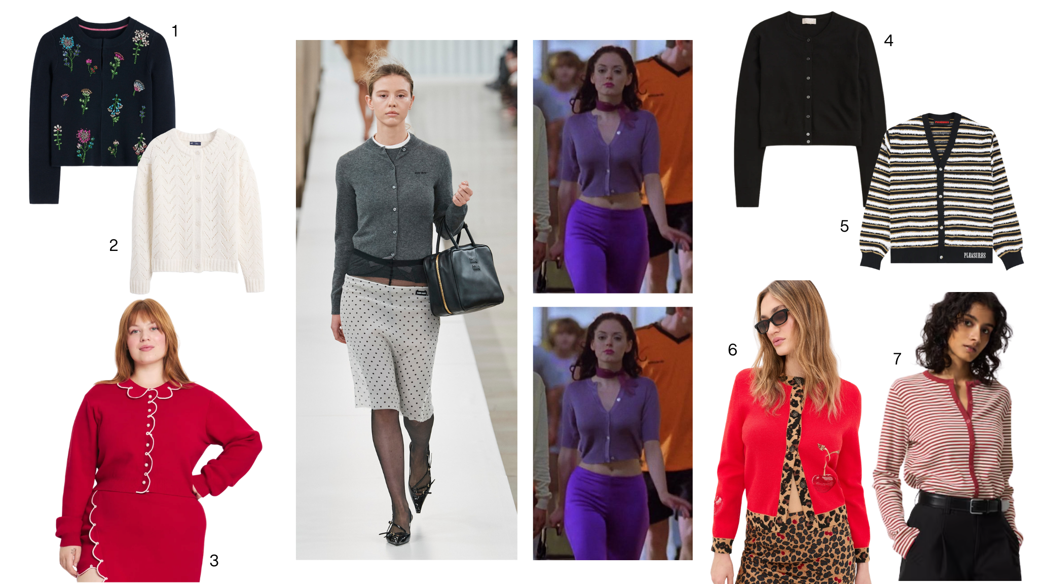 Spring 2026 cardigan styling mood board featuring Rachel Antonoff red scalloped cardigan, Miu Miu grey runway look, Rose McGowan Jawbreaker purple cardigan reference, floral embroidered navy cardigan, and striped Pleasures cardigan