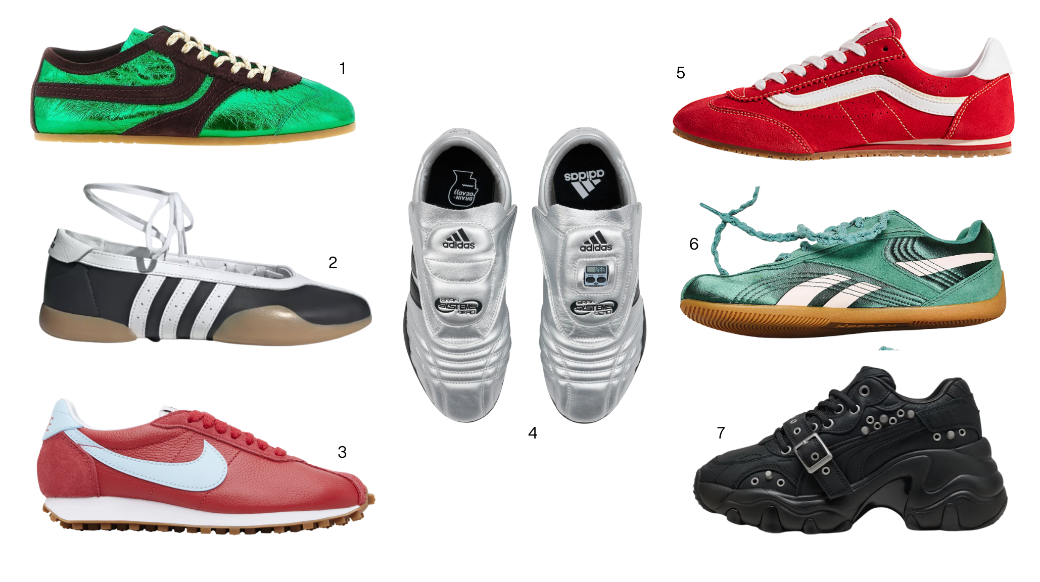 Spring 2026 sneaker mood board featuring Adidas x Brain Dead silver Micropacer collab, green metallic low sneaker, Adidas ballet flat, red Nike Cortez, red low Vans, green Reebok, and black platform chunky sneaker