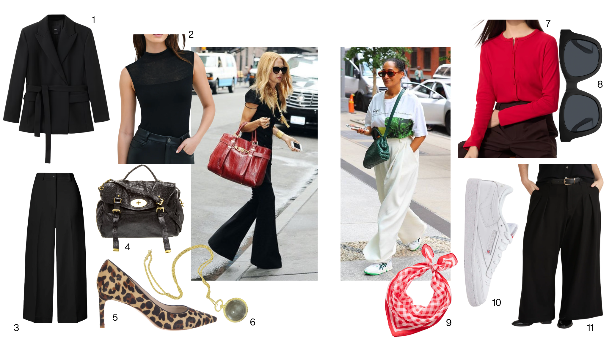 Spring 2026 wide leg trouser styling mood board featuring black tuxedo trousers, wrap blazer, leopard print pumps, Mulberry Alexa bag, Rachel Zoe street style, Tracee Ellis Ross wide leg casual look, red gingham neck scarf, and white sneakers
