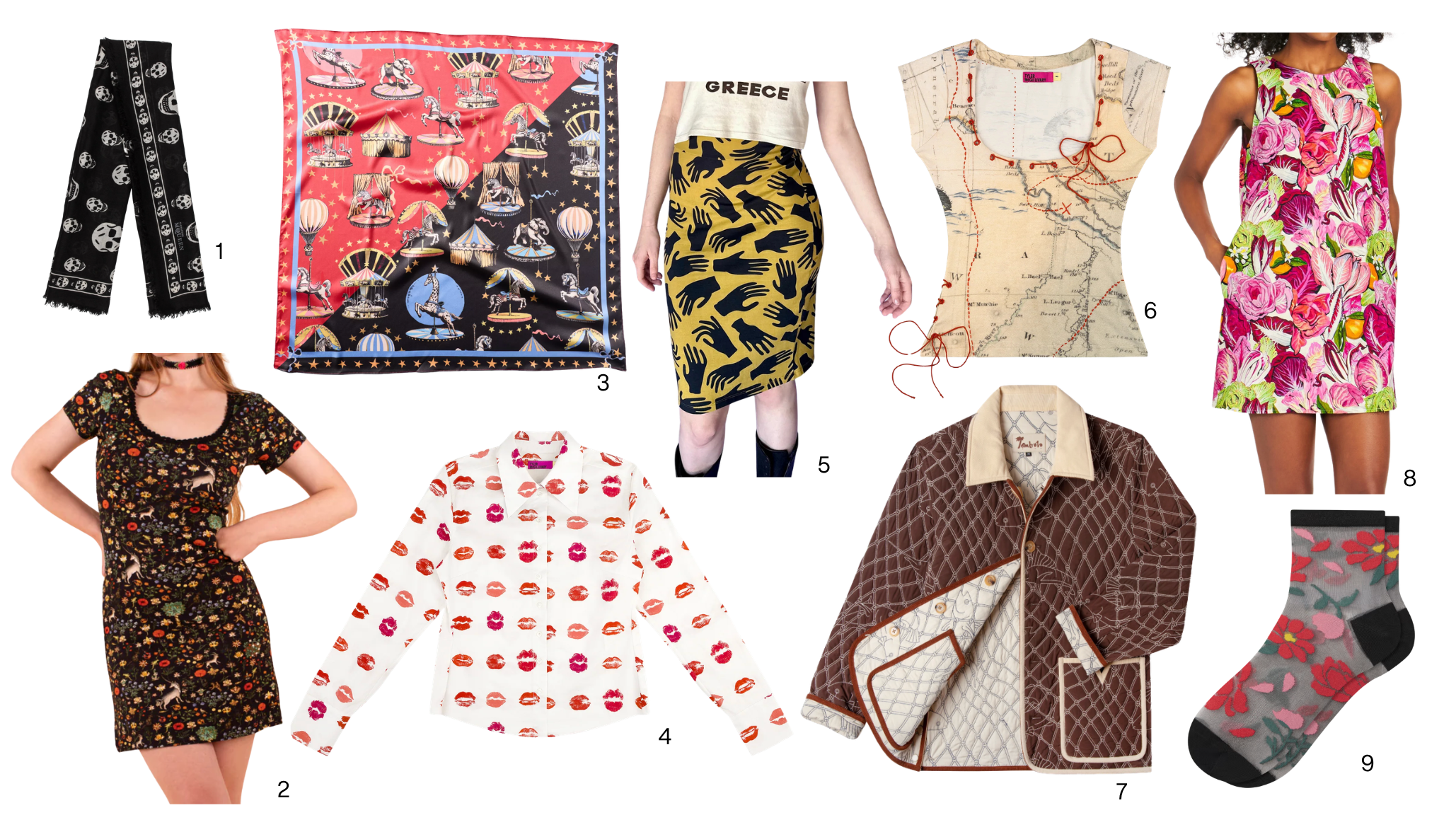 Spring 2026 bold kitsch print mood board featuring Samantha Pleet carousel silk scarf, lips print blouse, hands print pencil skirt, vintage map print top, Bob Mackie wearable art quilted jacket, floral shift dress, and sheer floral socks