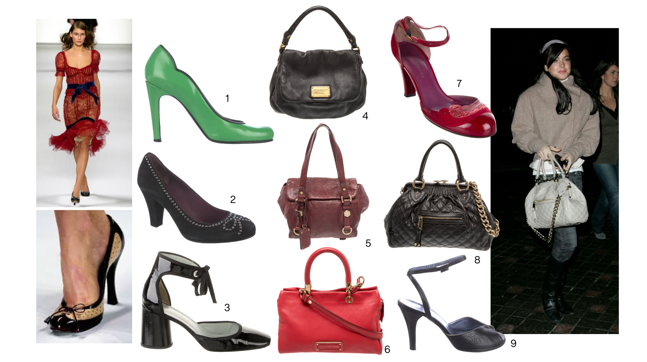 Vintage Marc Jacobs accessories mood board featuring 2004 collection green pump, studded mary jane, patent ankle strap heel, red quilted mary jane, Stam bag in black and burgundy, red structured satchel, and celebrity street style carrying white Stam bag