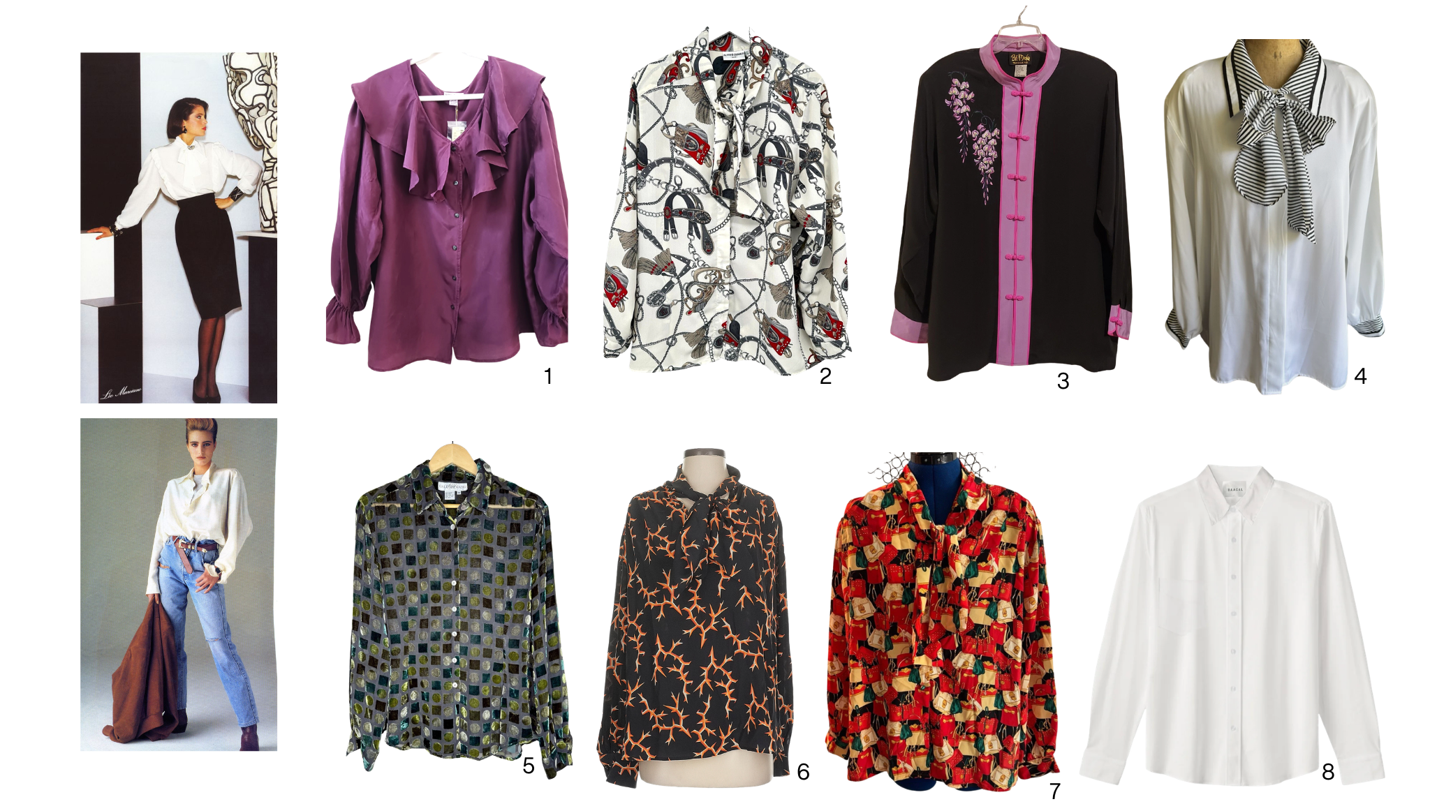 Vintage resale silk blouse mood board featuring purple ruffle front blouse, equestrian chain print blouse, Asian-inspired frog closure top, striped bow neck blouse, sheer checker burnout silk, branch print silk, novelty print silk, and classic white silk button down