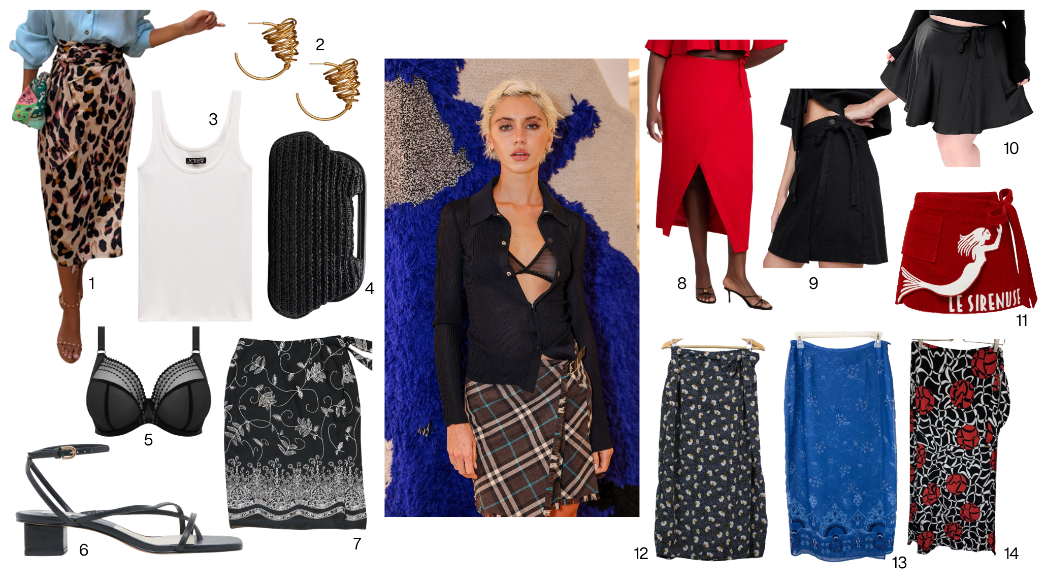 Size-inclusive wrap skirt outfit mood board featuring leopard print midi skirt, white tank, black bra, strappy sandals, and Le Sirenuse beach wrap
