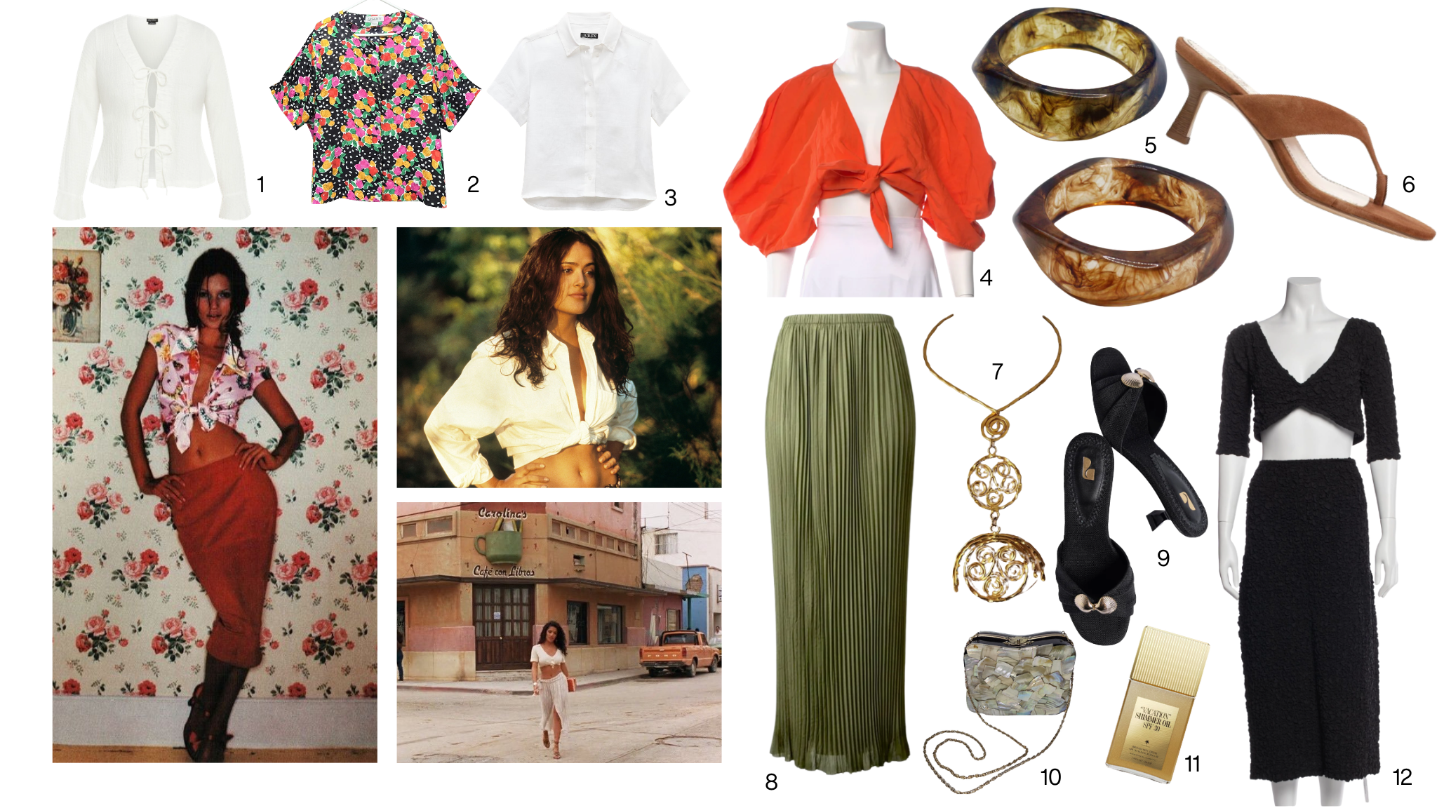 Holiday romantic summer outfit mood board inspired by Salma Hayek featuring tie-front crop tops, pleated maxi skirt, tortoise bangles, and kitten heel mules