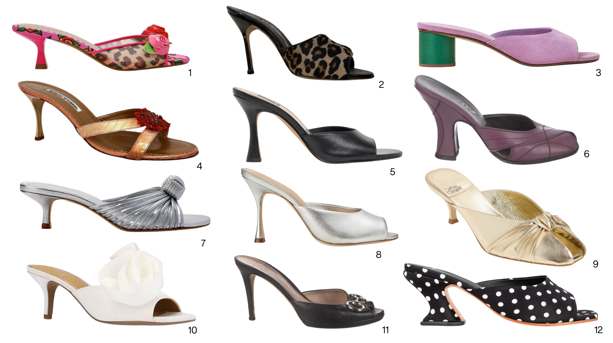 Summer 2026 peep toe mule heel roundup featuring leopard print, silver kitten heels, gold knotted mules, black leather, and floral embellished styles