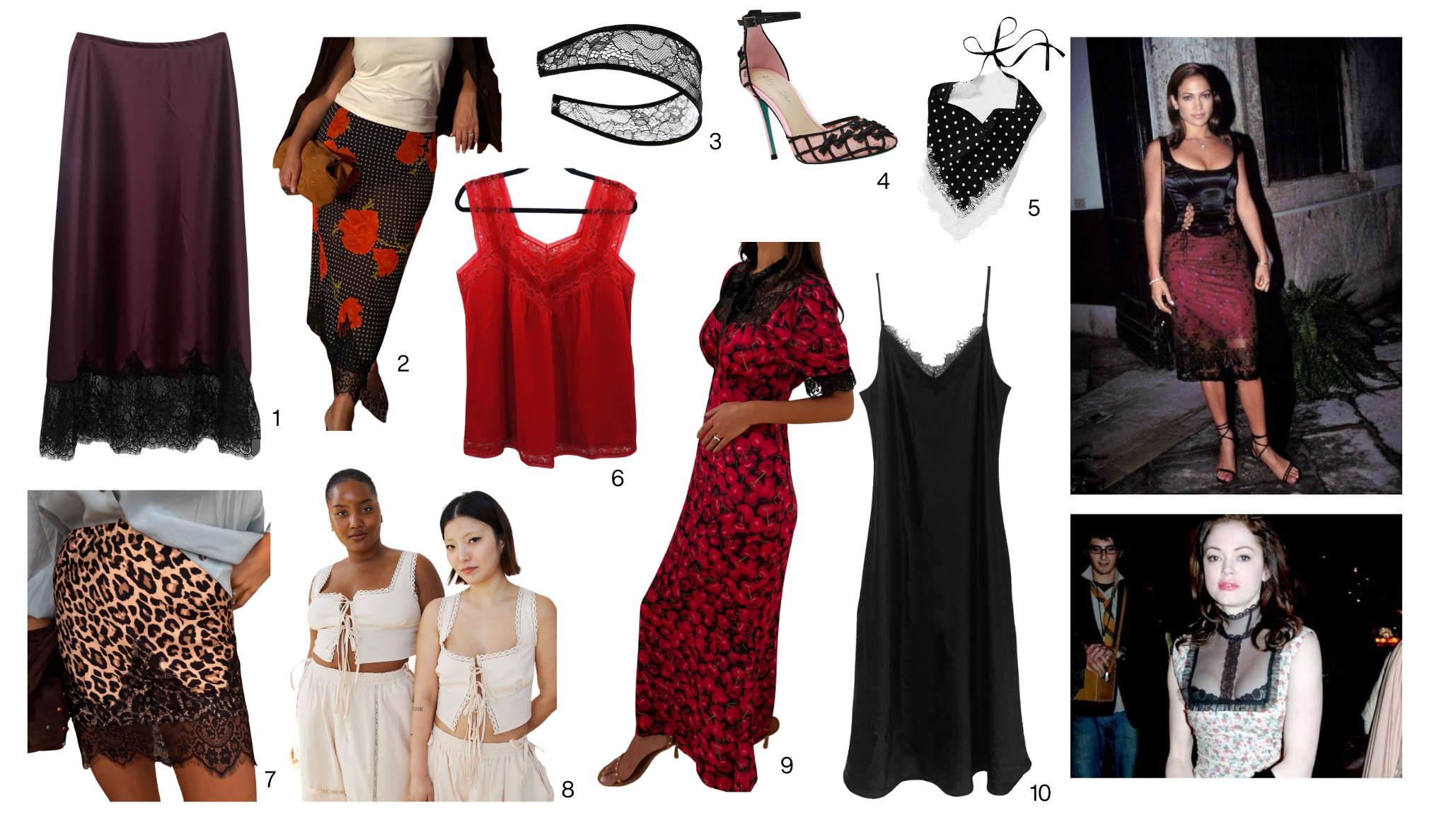 Lace fashion mood board featuring lace-hem slip skirt, lace headband, floral bra, lace midi skirt, and Y2K celebrity lace outfit inspiration