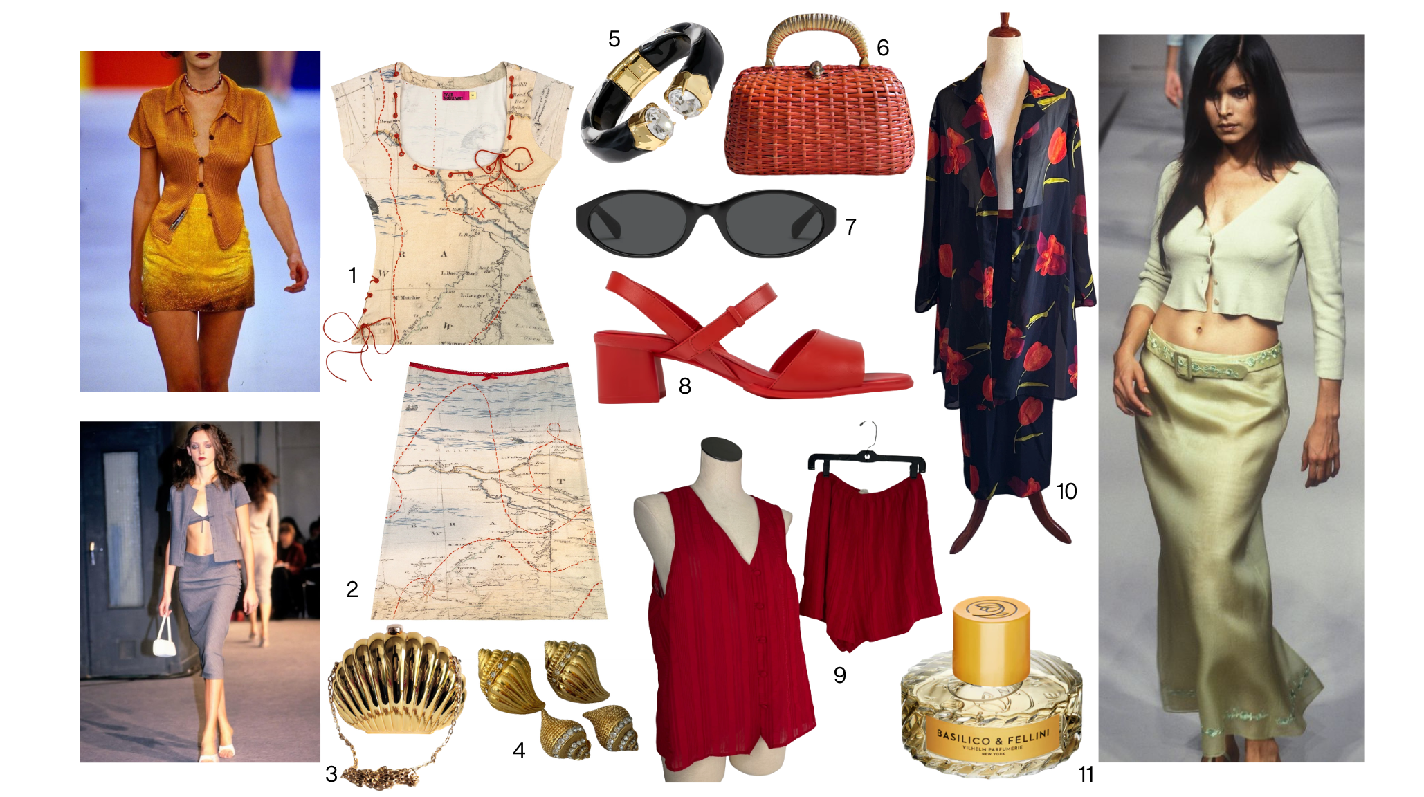 Summer blouse set outfit inspiration featuring vintage floral kimono, red satin set, map-print top and skirt, wicker bag, and 90s runway references