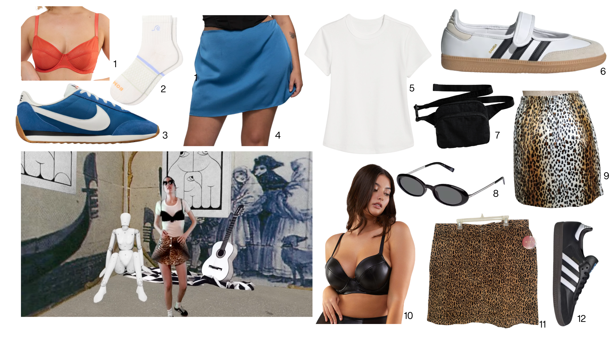 Tumblr-coded summer outfit mood board featuring leopard print skirt, white t-shirt, bra over shirt styling, Adidas Samba sneakers, and Blood Orange Champagne Coast music video inspiration