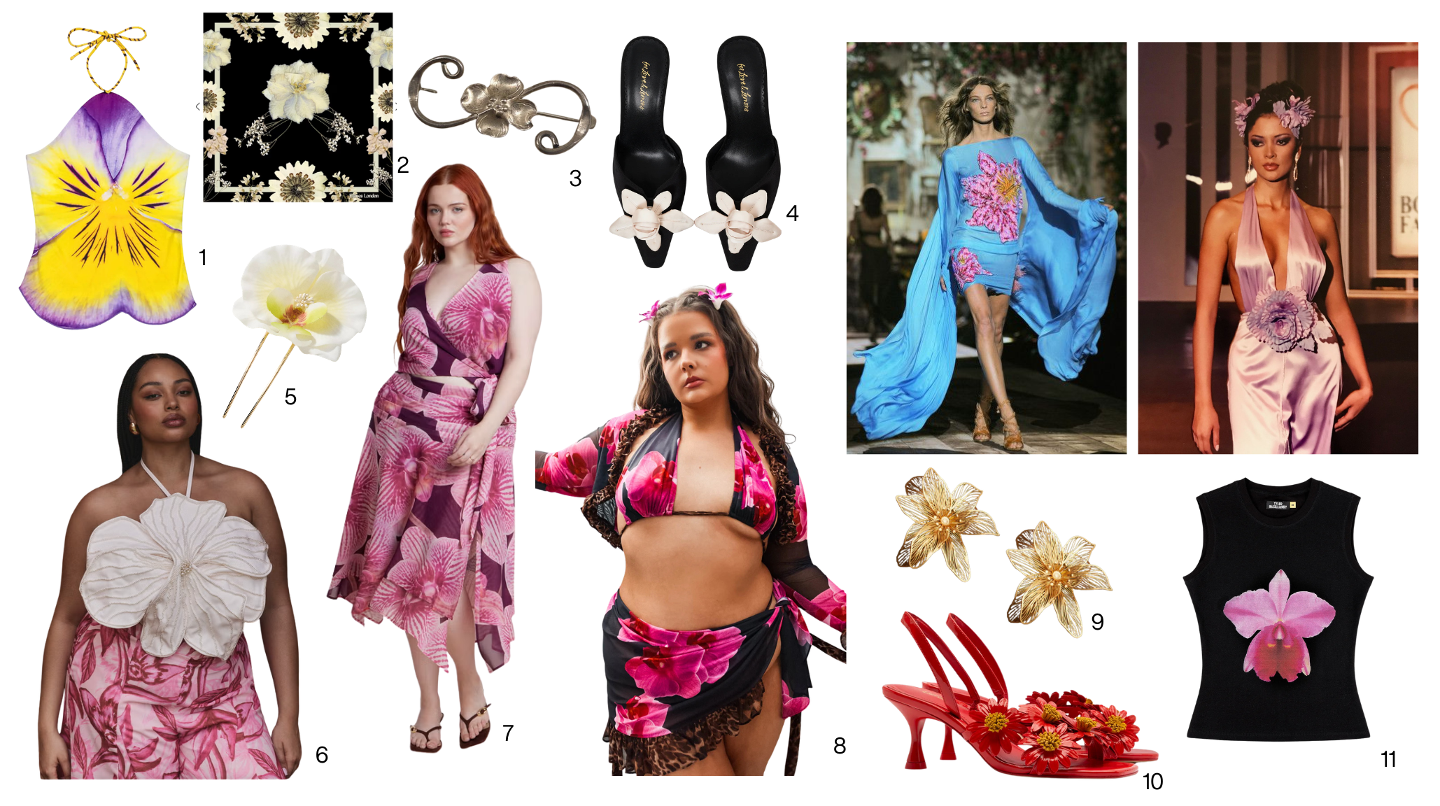 Bold floral summer fashion mood board featuring oversized orchid prints, floral mule heels, iris halter top, pink floral wrap dress, and plus-size floral looks