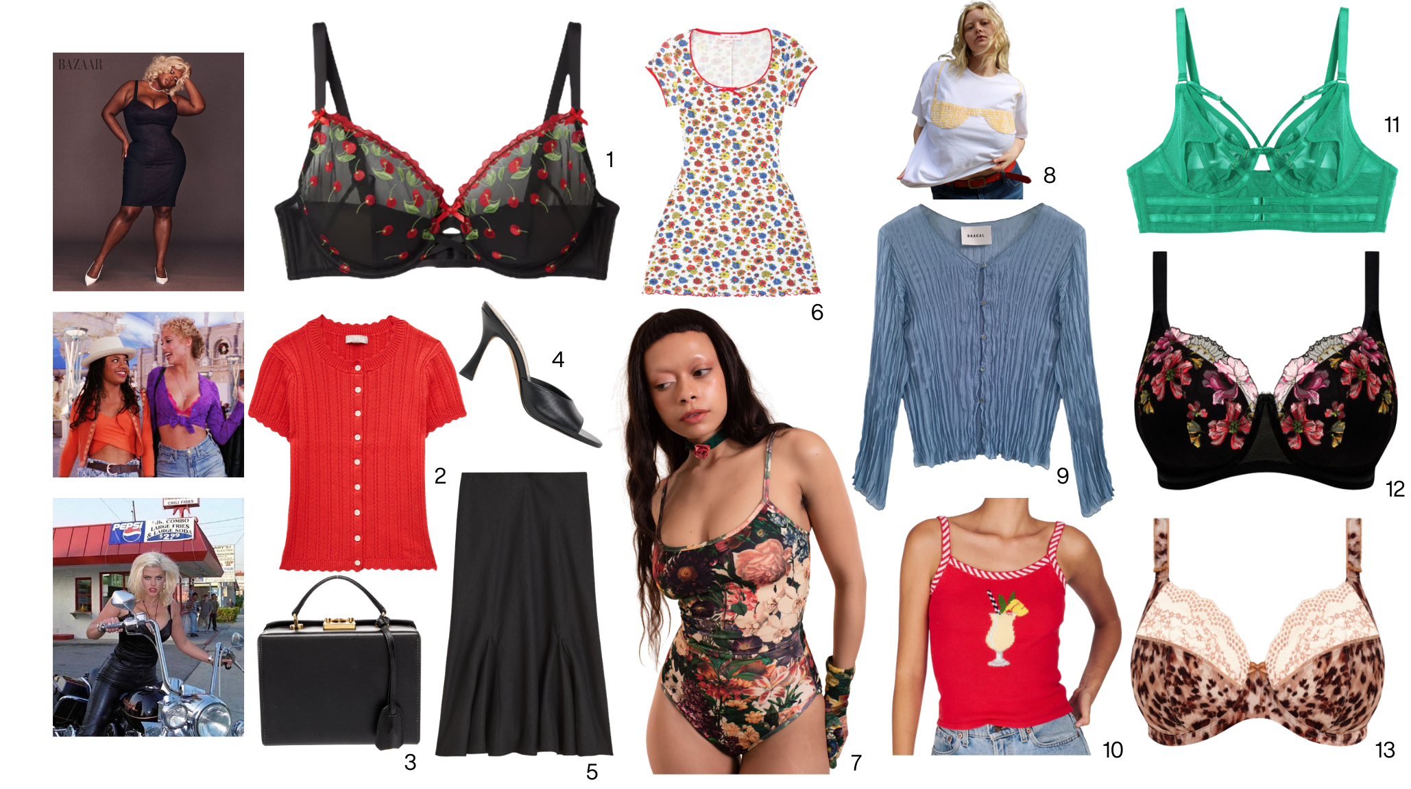 Headlight season fashion mood board featuring embroidered cherry bra, floral bodysuit, lace bra under cardigan, red knit crop top, black pencil skirt, and plus-size lingerie styling