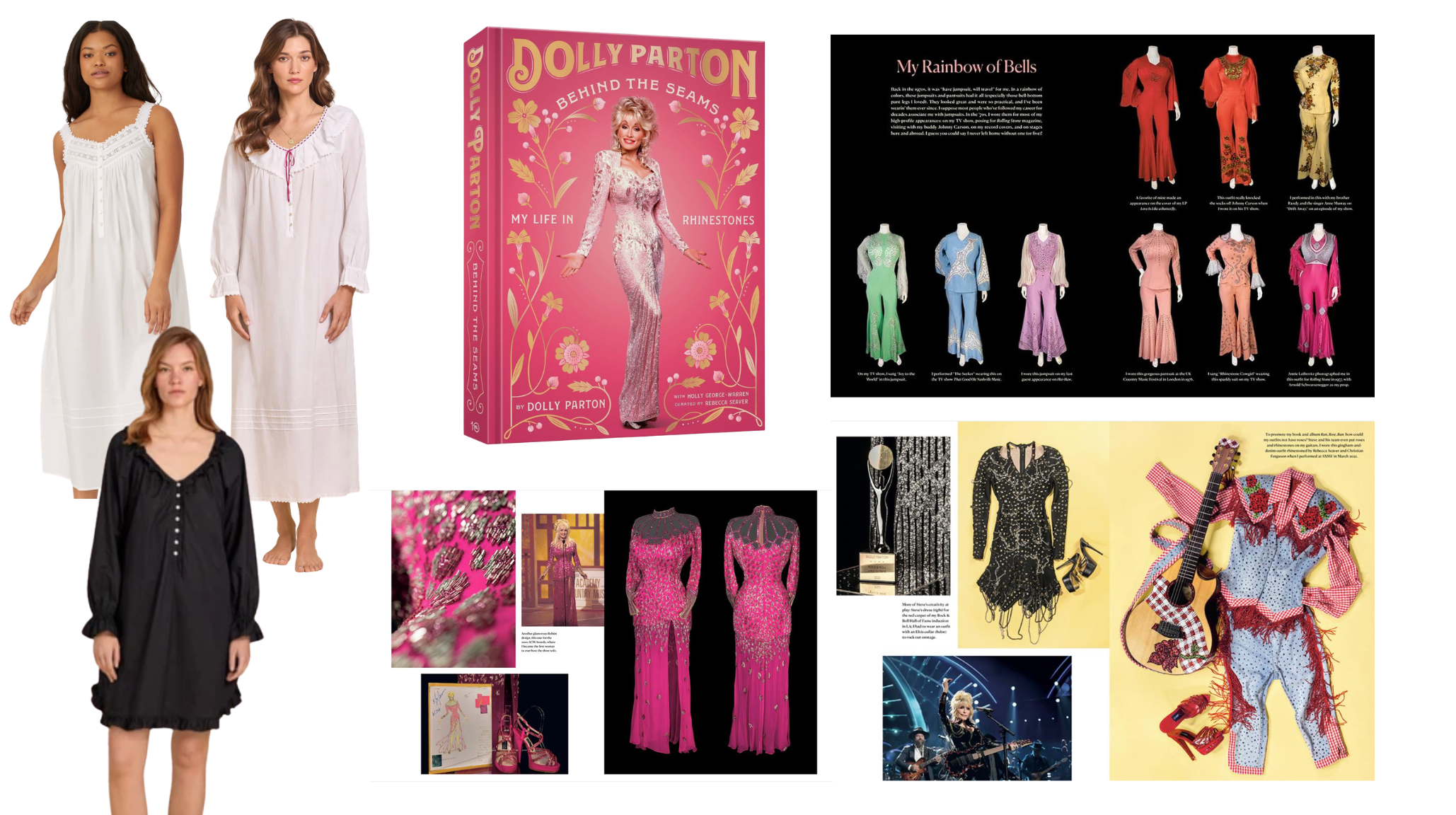 Eileen West cotton nightgowns in white and black beside Dolly Parton's Behind the Seams and its costume spreads