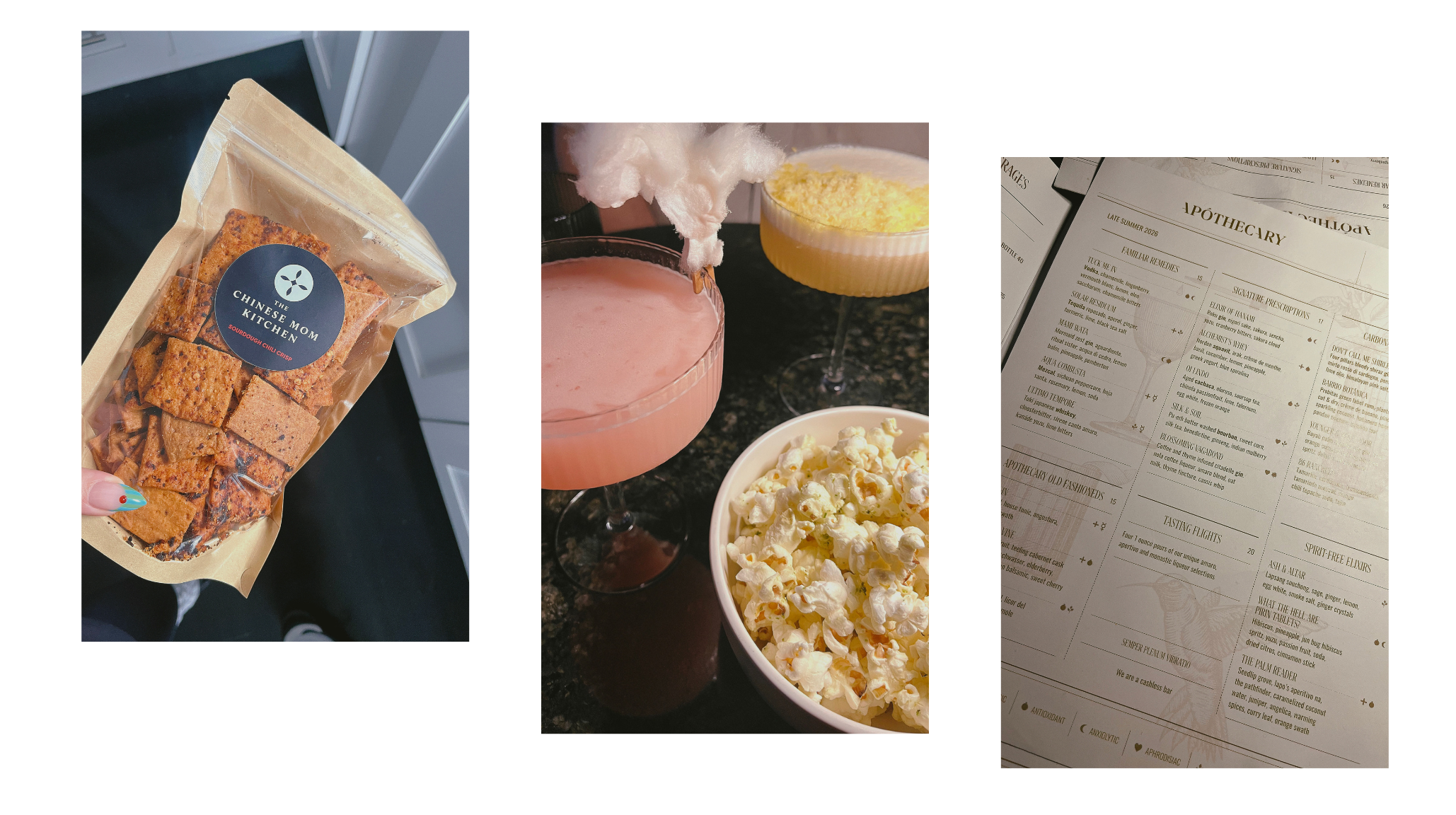 The Chinese Mom Kitchen sourdough chili crisp crackers with cocktails and rosemary popcorn at Apothecary in Chicago