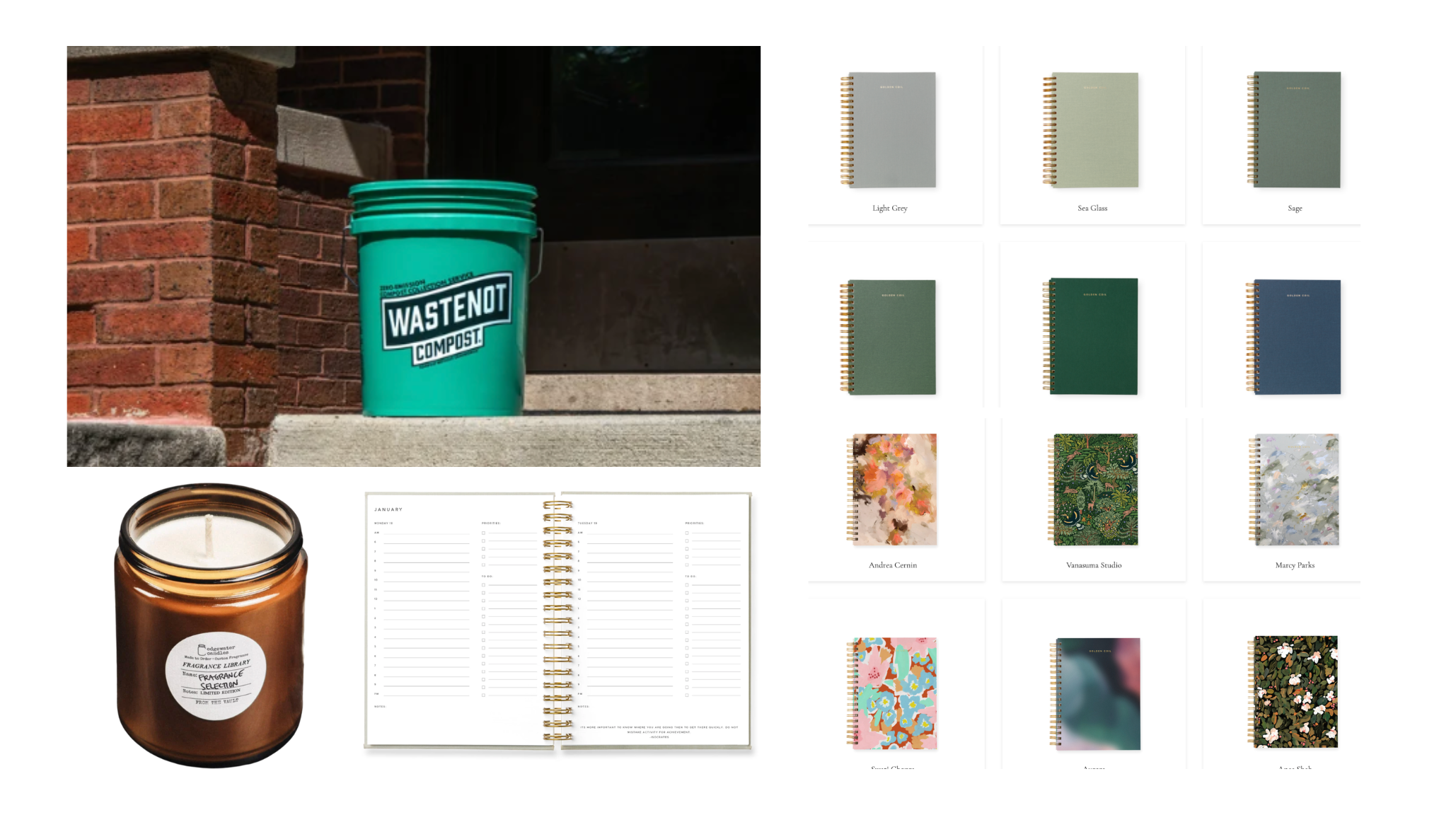 WasteNot Compost bucket on a Chicago stoop with an Edgewater Candles jar and Golden Coil planner covers