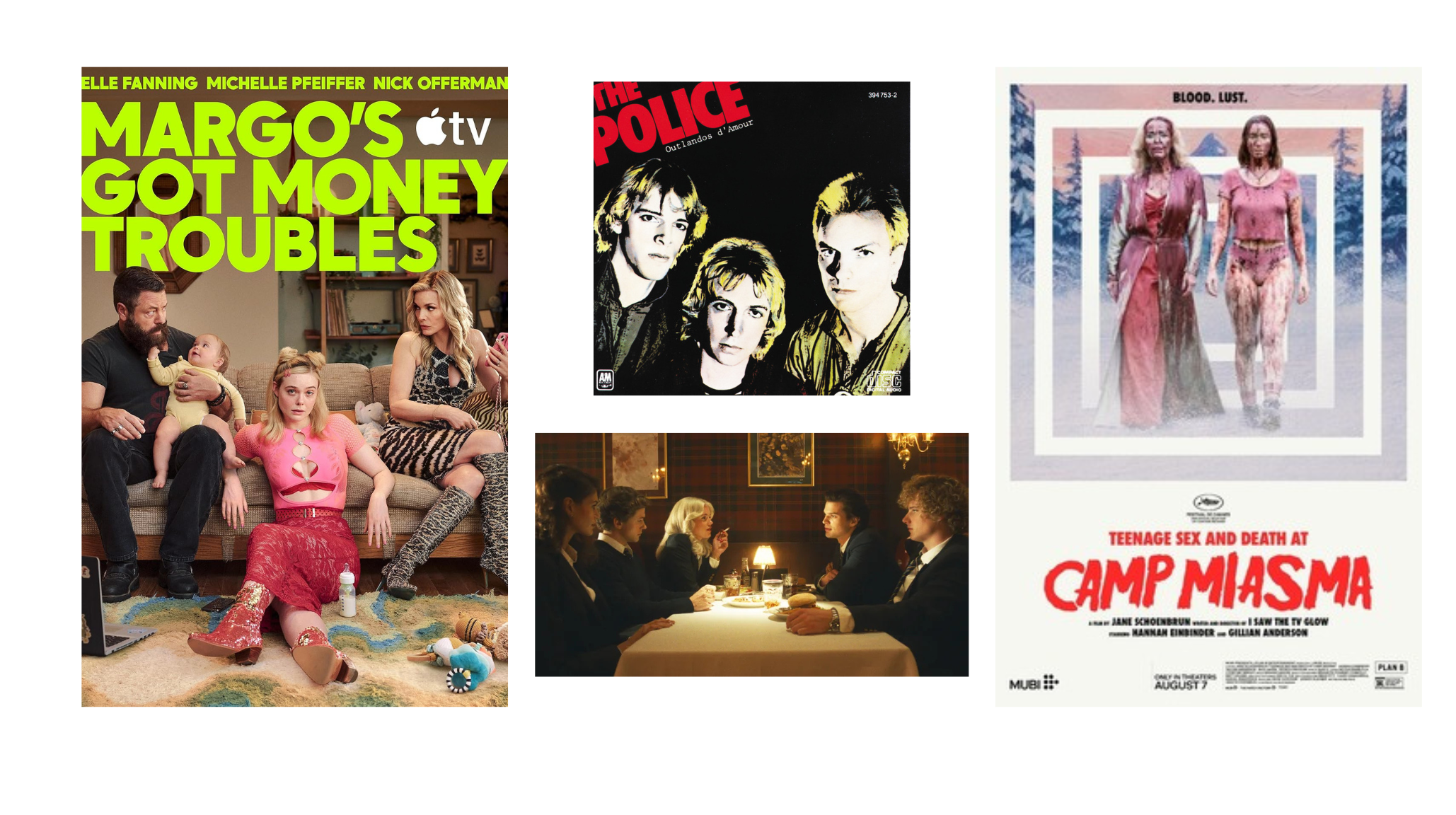 Margo's Got Money Troubles, The Shards and Camp Miasma posters with The Police's Outlandos d'Amour album