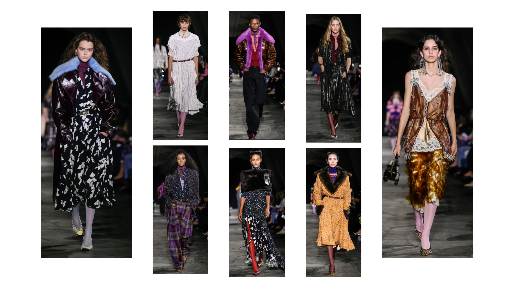 Collage of Rabanne Fall 2026 runway looks featuring mixed prints, colorful fur accents, sequins, lace, patterned dresses and layered textures.