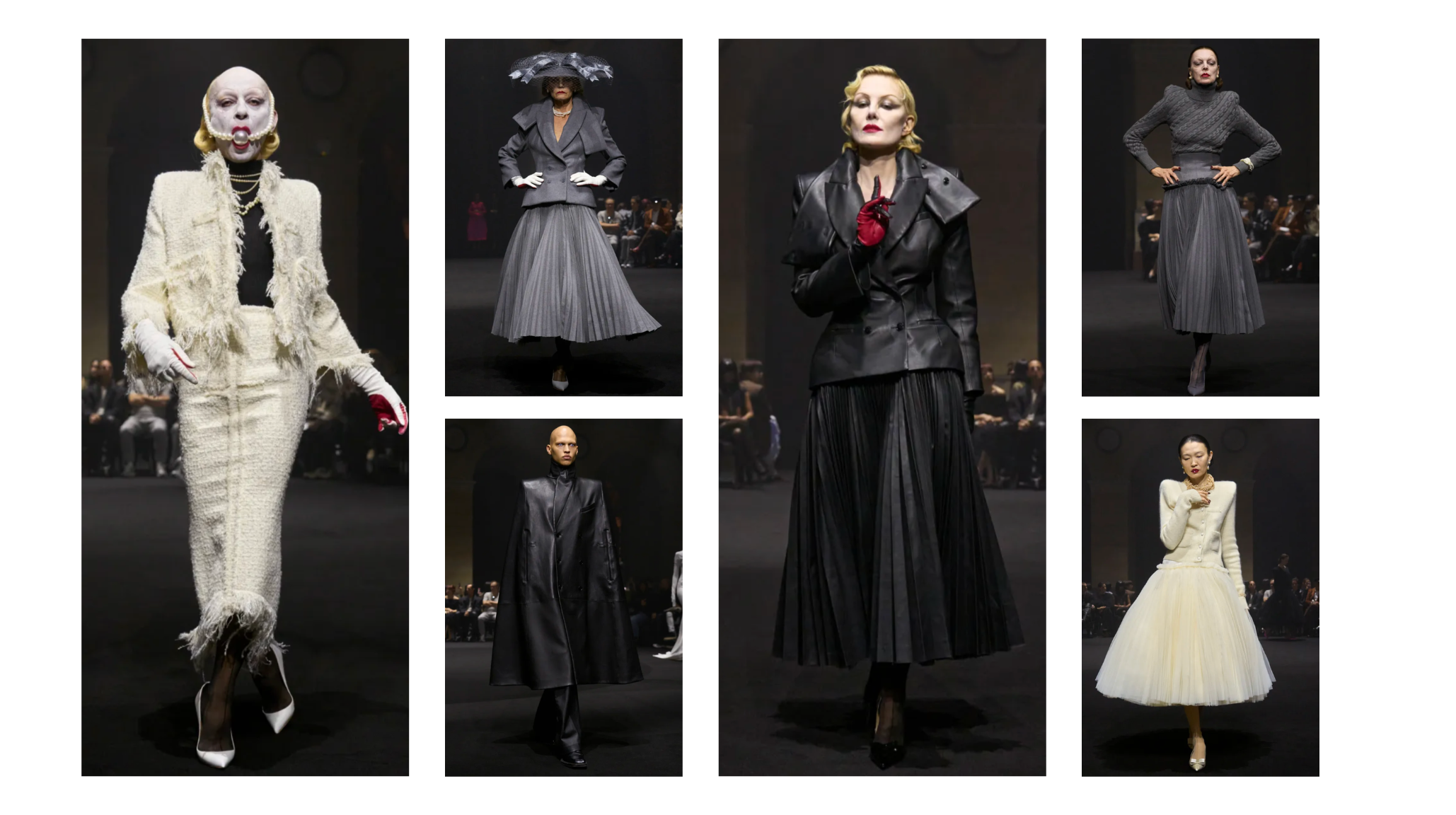 Collage of Matières Fécales Fall 2026 runway looks featuring sculptural black tailoring, pleated skirts, sharp shoulders, white tweed and dramatic gothic styling.