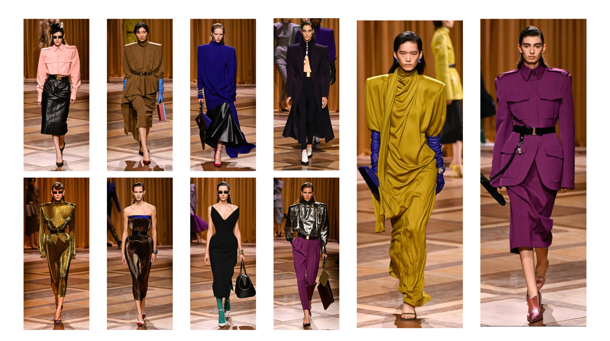 Collage of Mugler Fall 2026 runway looks featuring exaggerated shoulders, jewel-tone tailoring, leather skirts, belted dresses and structured power suits.