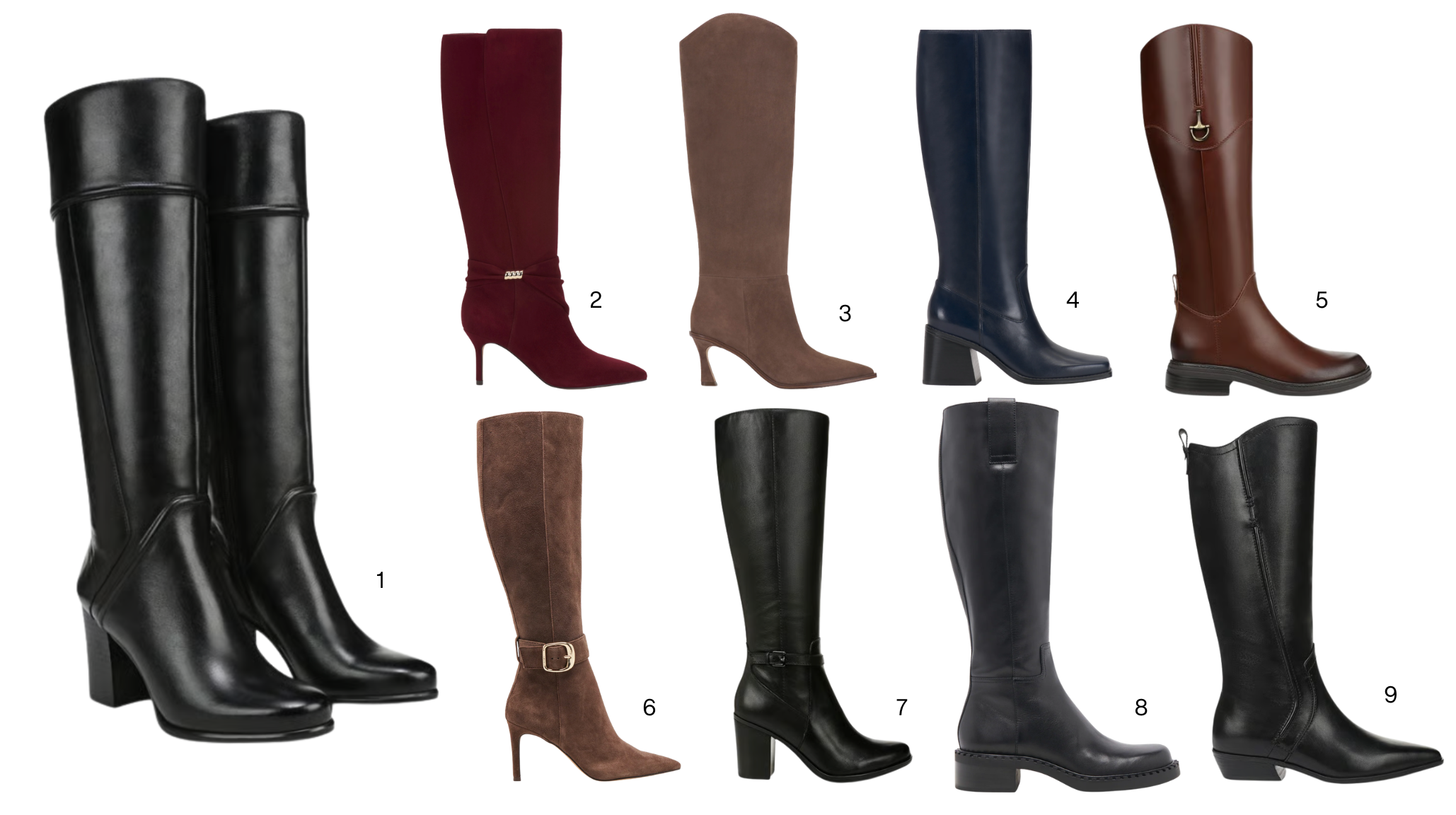Collage of nine knee-high boots in black, burgundy, brown and navy leather and suede, with block heels, kitten heels and flat soles.