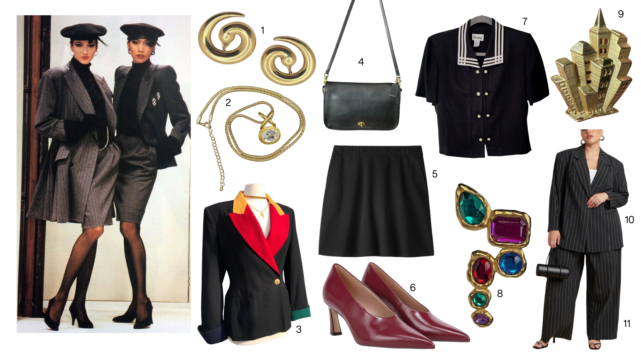 Collage of 1980s-inspired power dressing featuring structured blazers, statement jewelry, vintage handbags, burgundy pumps, pinstripe tailoring and an archival fashion image.