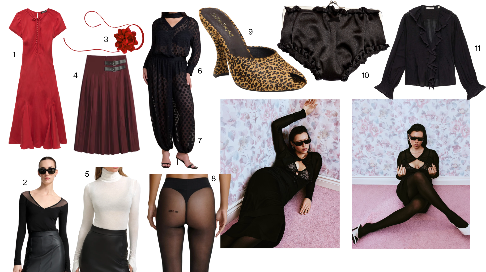 Collage of romantic clothing featuring red and black blouses, a burgundy pleated skirt, sheer polka-dot pieces, leopard-print heels, black tights and satin bloomers.