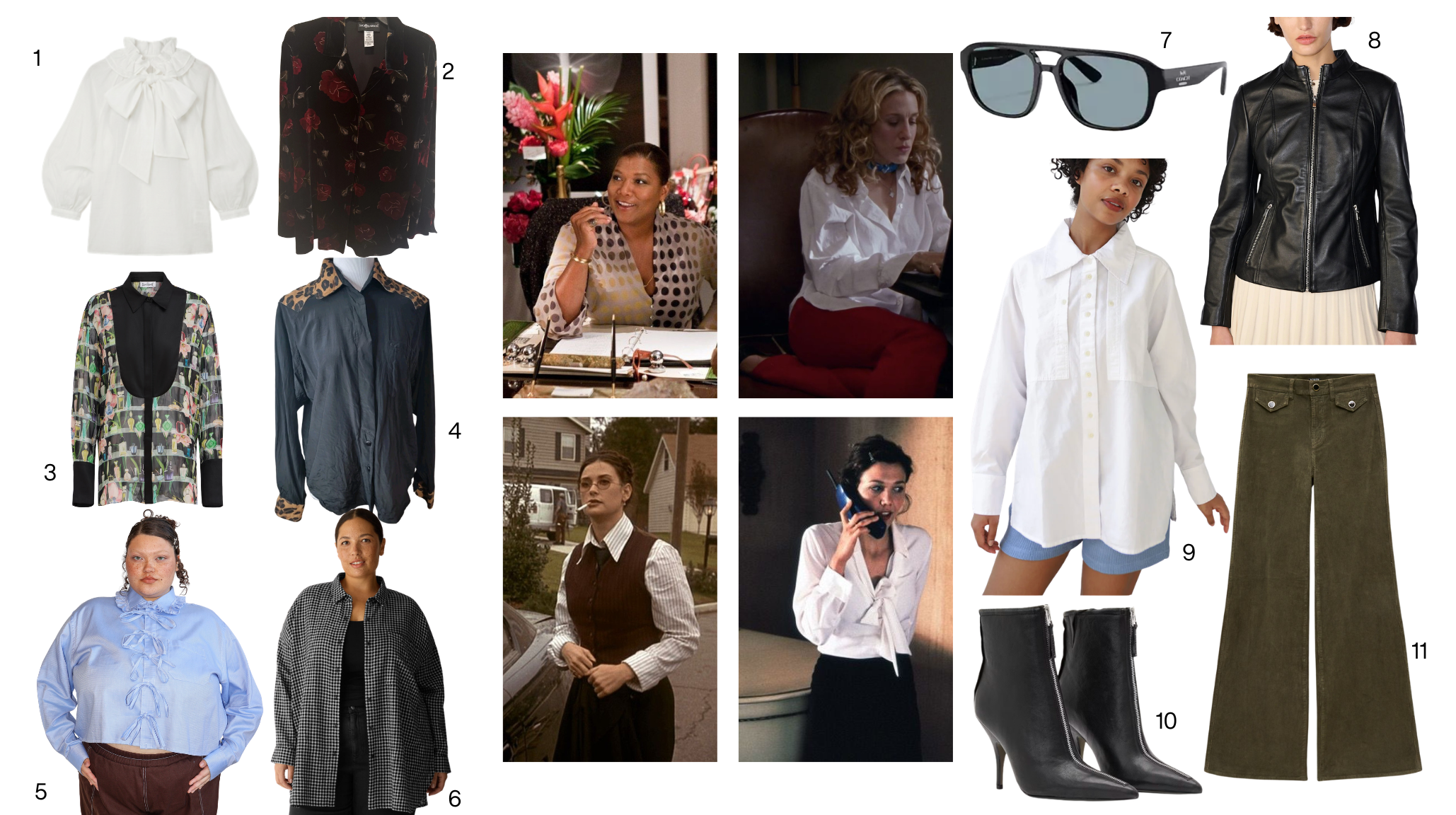 Collage of silk and statement blouses styled with trousers, skirts and leather, featuring pussy-bow collars, ruffles, prints and crisp white button-downs.