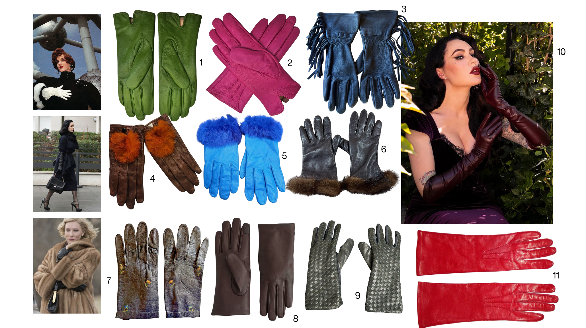 Collage of leather gloves in green, pink, blue, brown, black, gray, burgundy and red, including short, fur-trimmed and opera-length styles.