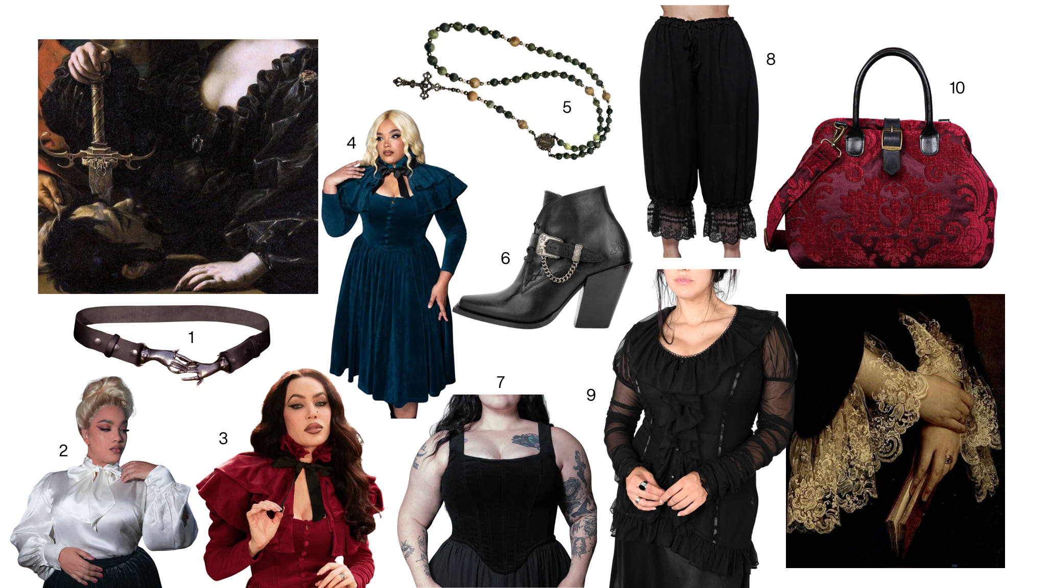 Collage of Victorian goth clothing and accessories featuring velvet dresses, romantic blouses, a corset, lace bloomers, rosary necklace, leather boots and tapestry handbag.
