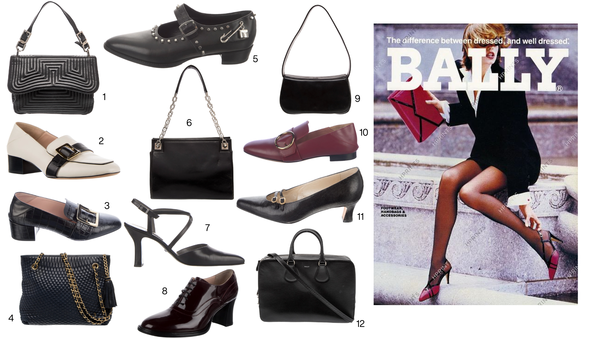 Collage of vintage Bally accessories featuring black and burgundy leather handbags, loafers, pumps, Mary Janes and an archival Bally advertisement.