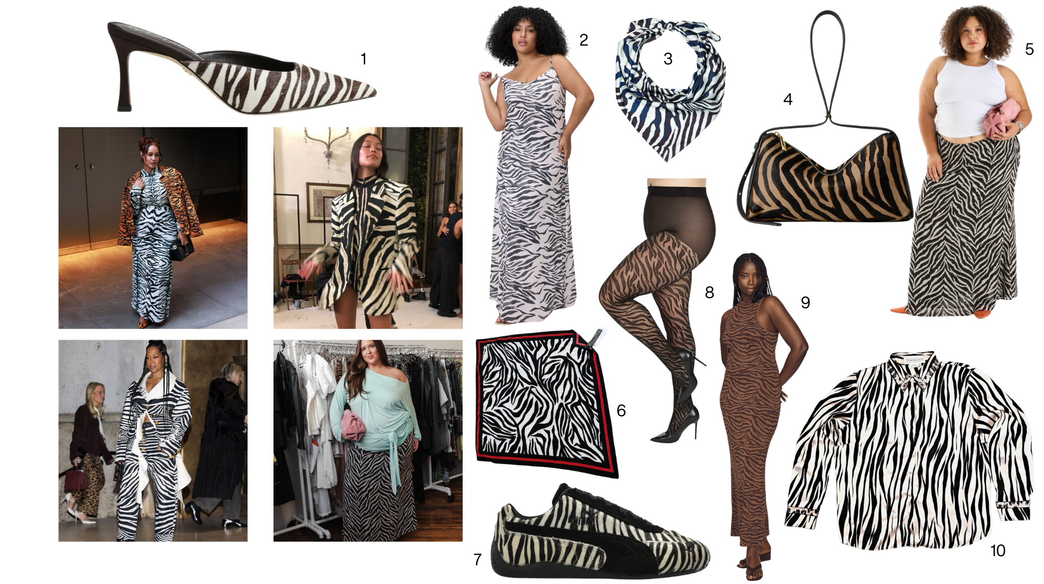 Collage of zebra-print fashion including dresses, skirts, a scarf, handbag, tights, sneakers, heels and blouses alongside street-style looks.