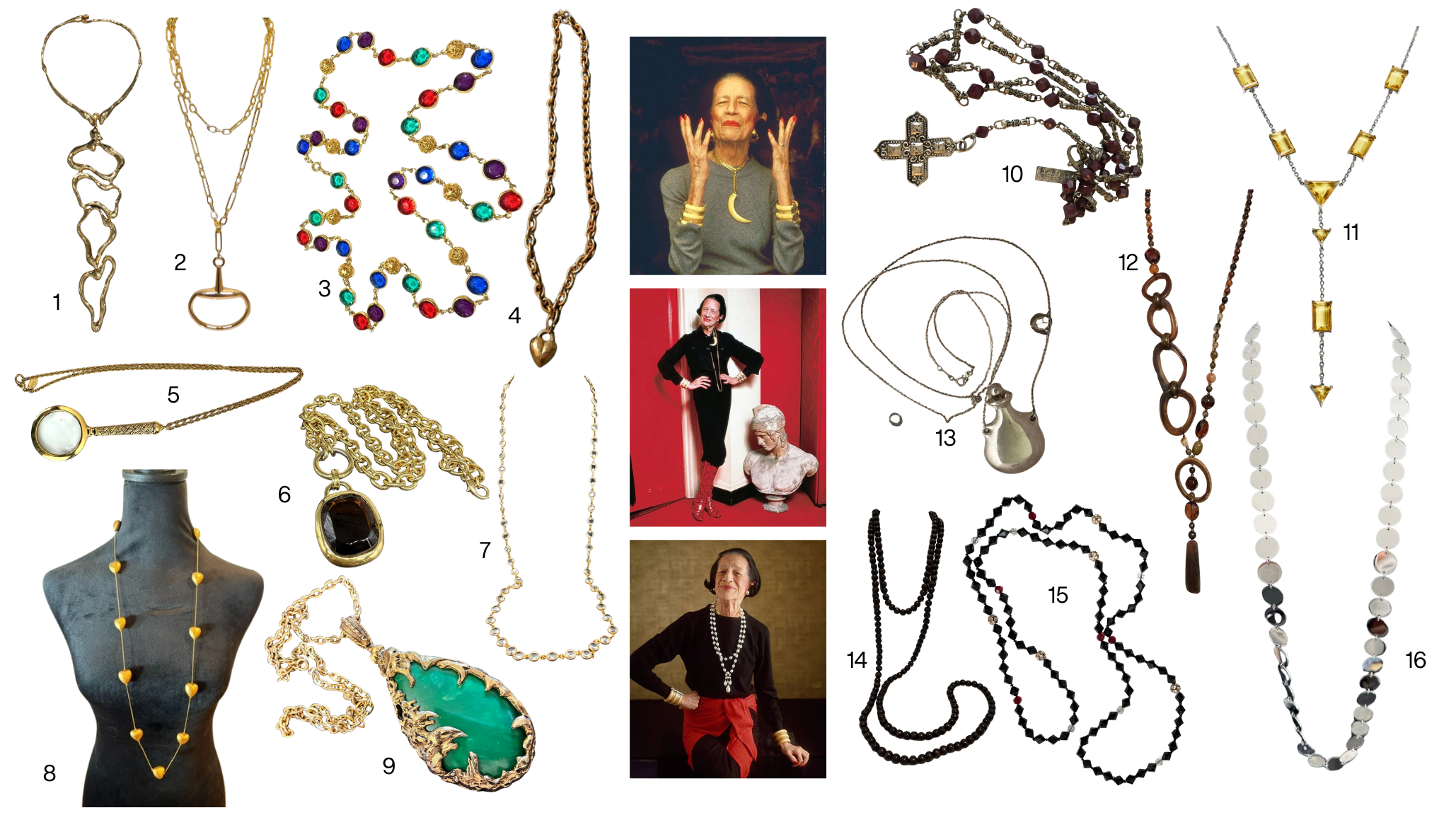 Collage of statement necklaces in gold, silver, colorful gemstones, beads and oversized pendants, alongside portraits of jewelry designer Elsa Peretti.