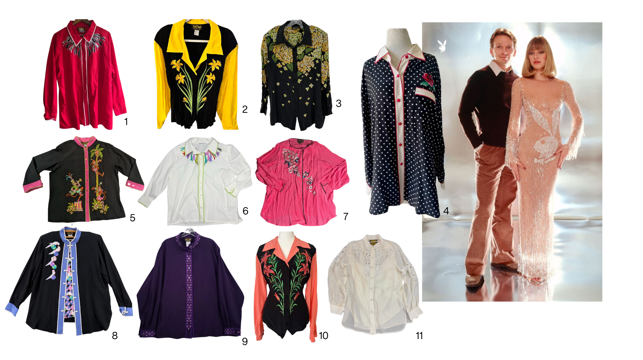 Collage of vintage Bob Mackie blouses featuring colorful embroidery, florals, polka dots and contrasting collars, alongside a Bob Mackie portrait.
