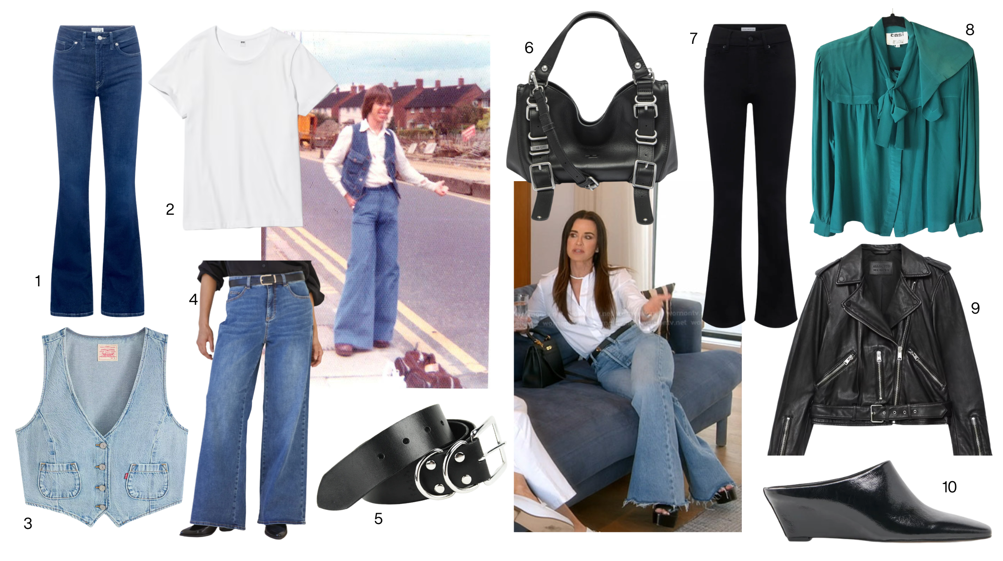 Collage of bell-bottom and bootcut outfits featuring flared jeans, a denim vest, white T-shirt, black trousers, leather jacket, belt, handbag and mules.
