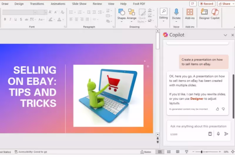 Página de inicio de copilot en powerpoint