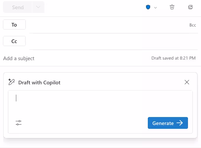 If you need help drafting an email, provide Copilot with a prompt