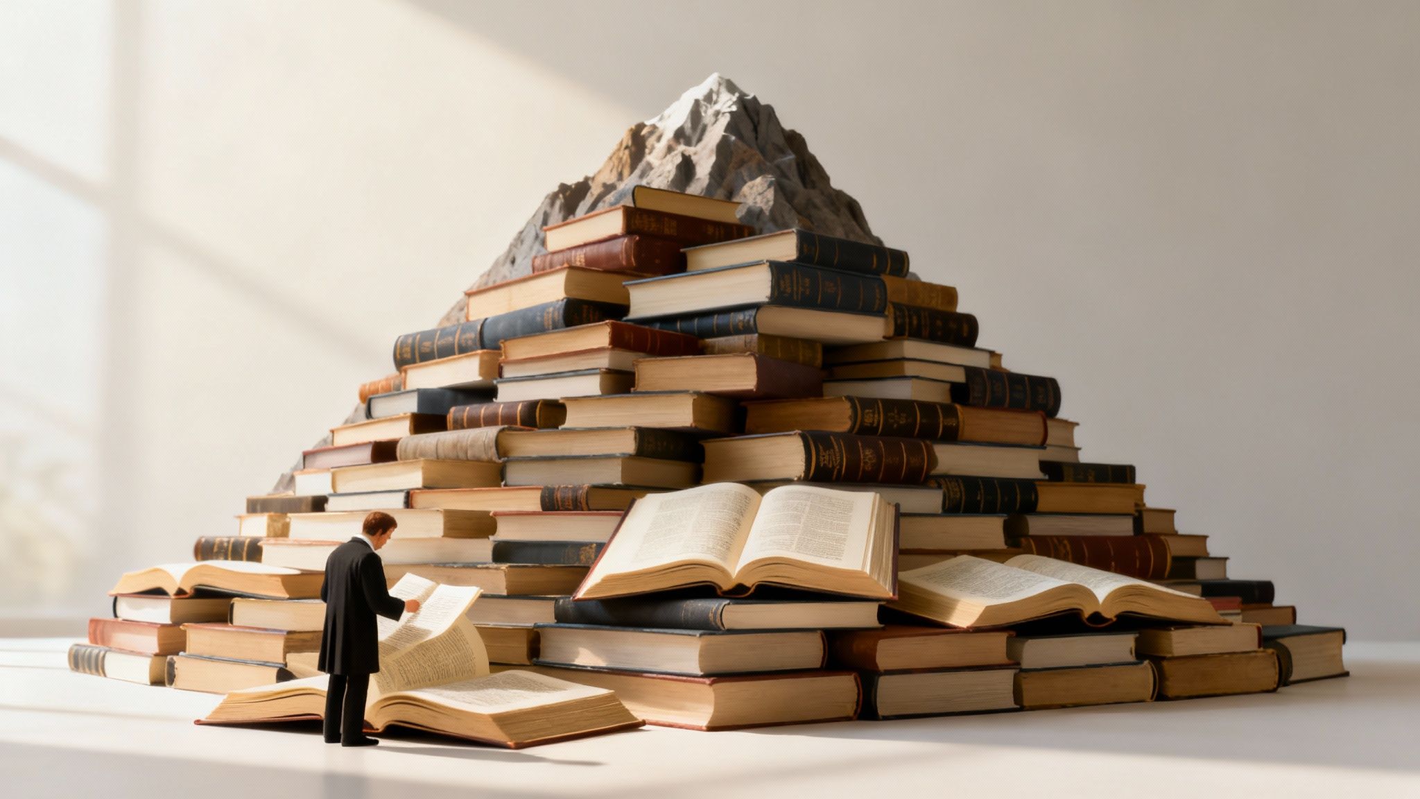 Stacks of paper on a desk representing the overwhelming volume of manual document review.