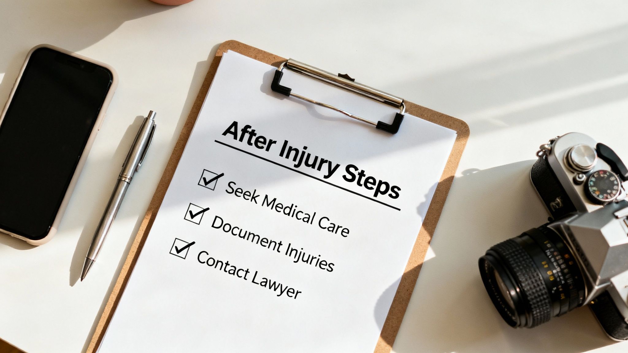 A person carefully organizing documents, photos, and notes related to a personal injury claim into a folder.