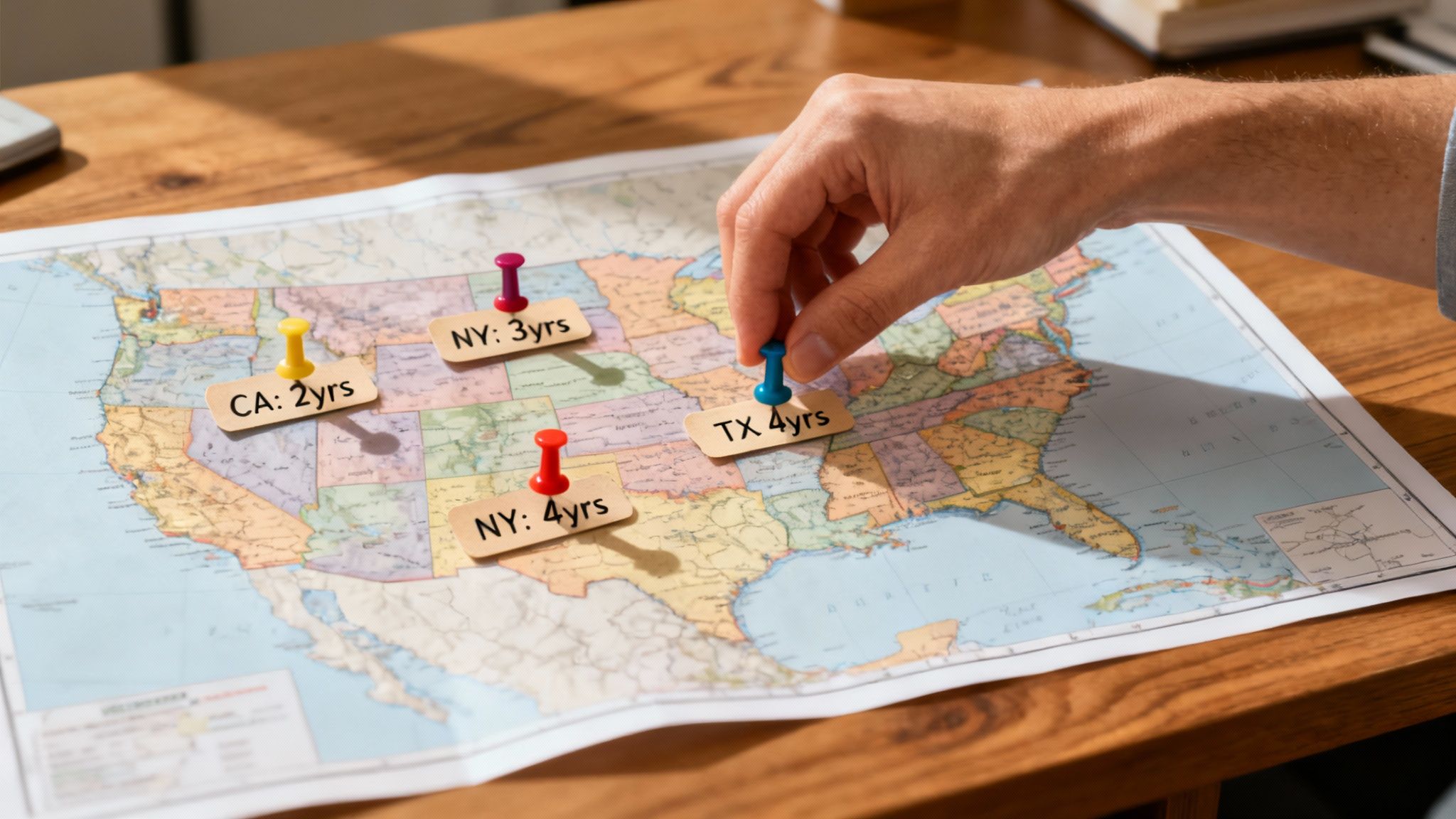 A map of the United States with various states highlighted to show different legal jurisdictions.