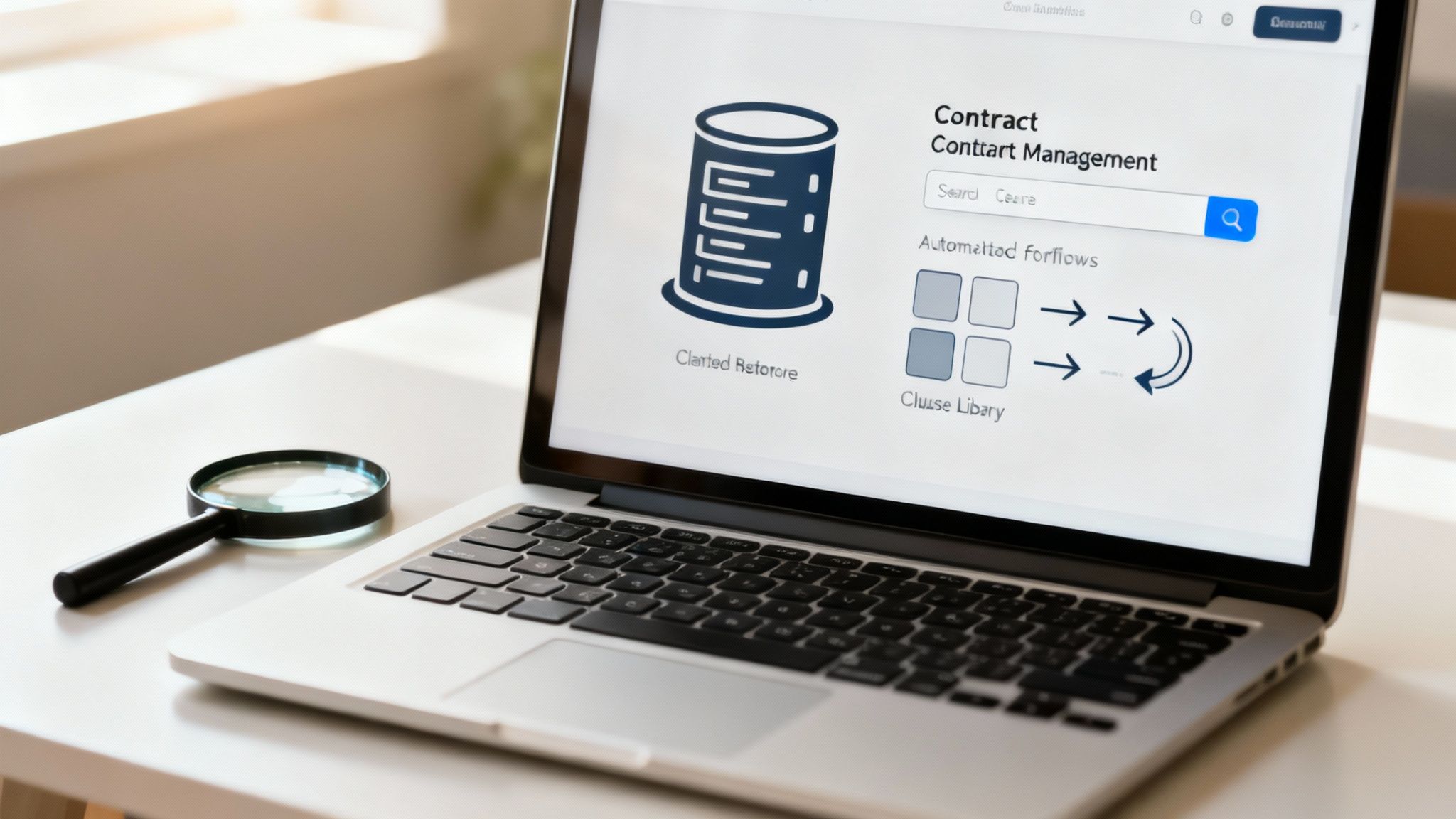 A digital illustration showing interconnected icons for a document, a workflow, a magnifying glass, and a shield, representing the core features of legal contract management software.