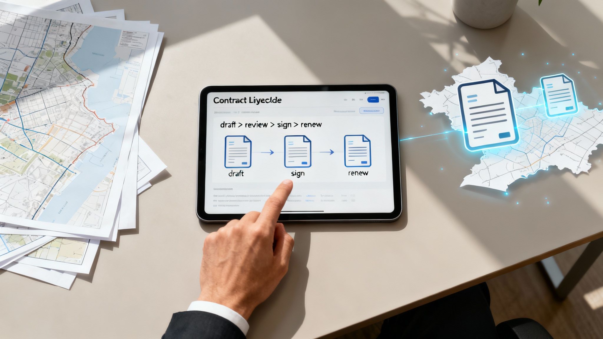 Lawyer reviewing legal documents on a tablet with digital overlay