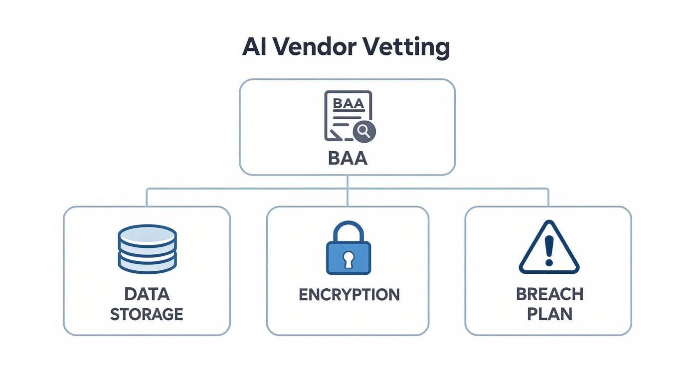 Infographic showing the hierarchy of AI vendor vetting, starting with a BAA and branching to data storage, encryption, and breach plans.