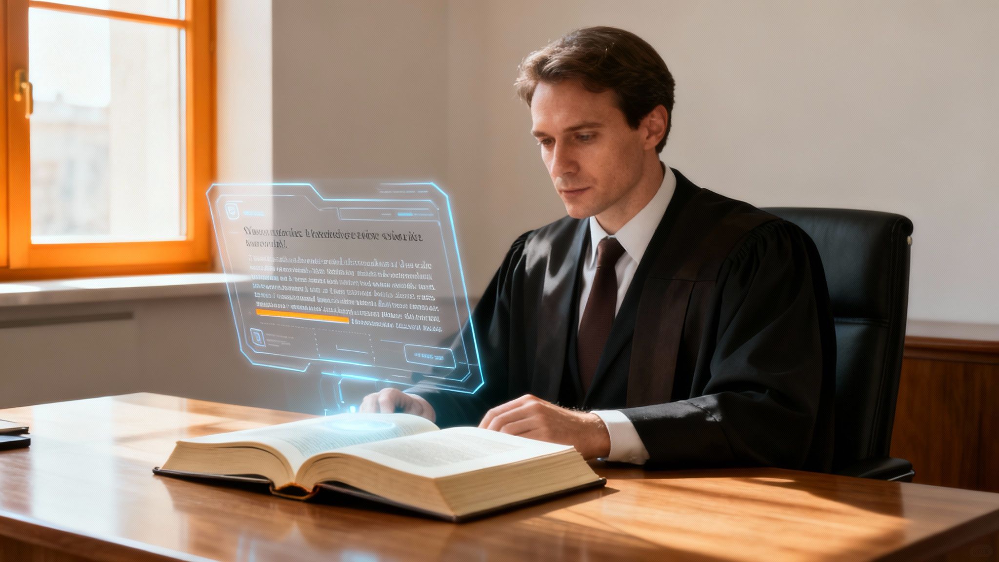 Professional lawyer using holographic AI interface while reviewing legal documents at office desk