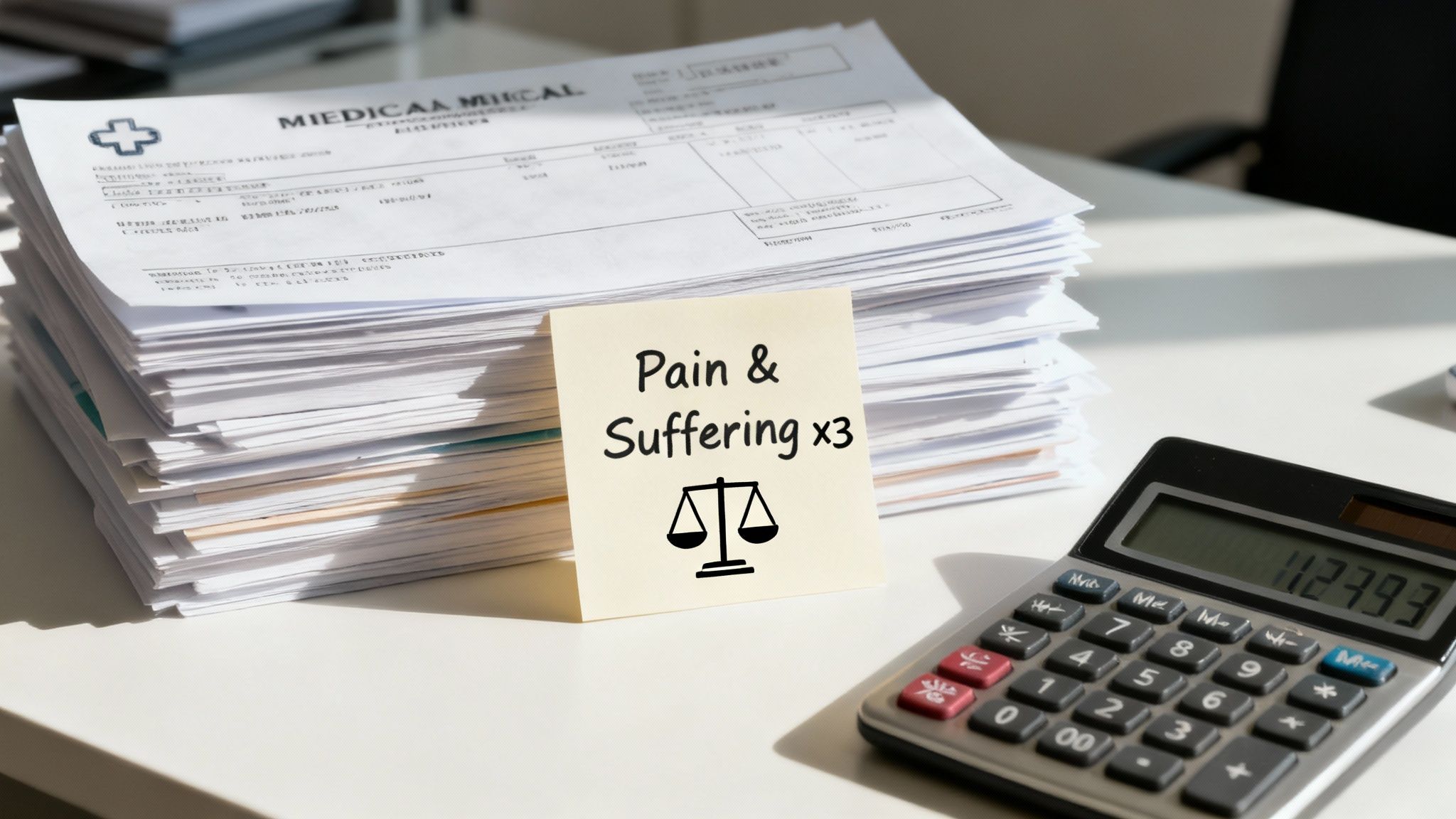 Medical billing statements stacked with pain and suffering x3 note and calculator for personal injury settlement calculation