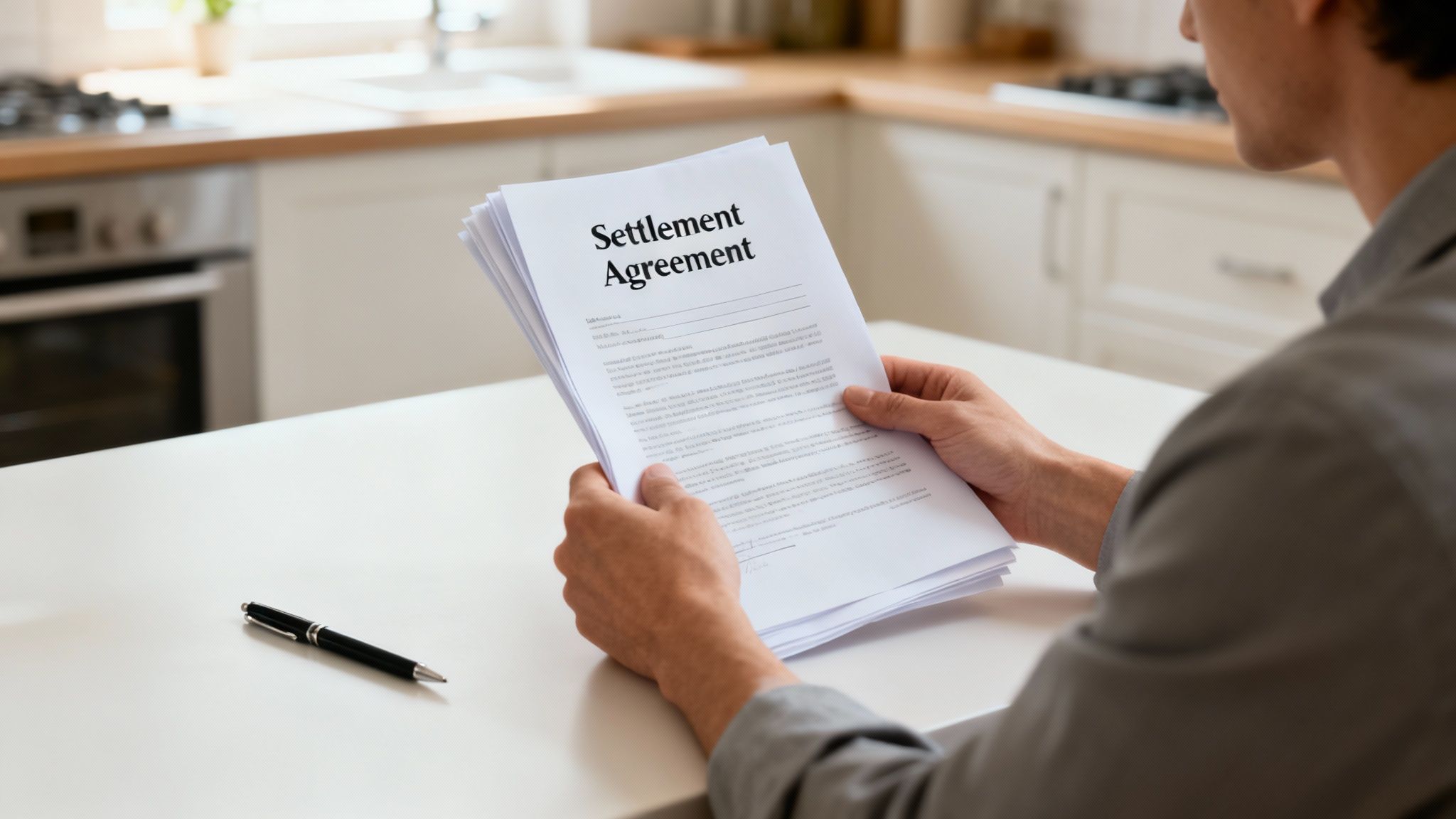 Person reviewing settlement agreement document at kitchen table with pen nearby