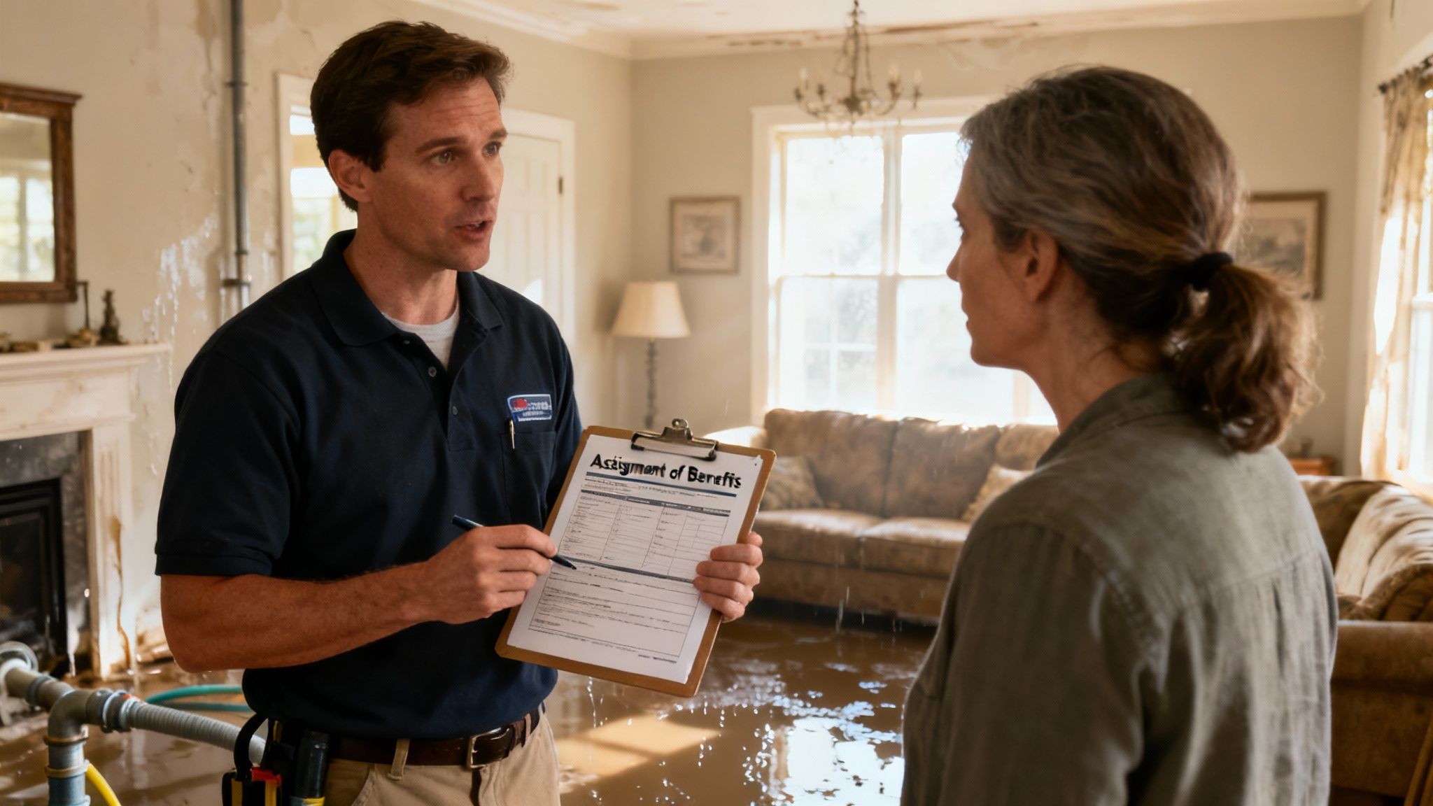 Insurance adjuster explaining assignment of benefits form to homeowner in flooded living room