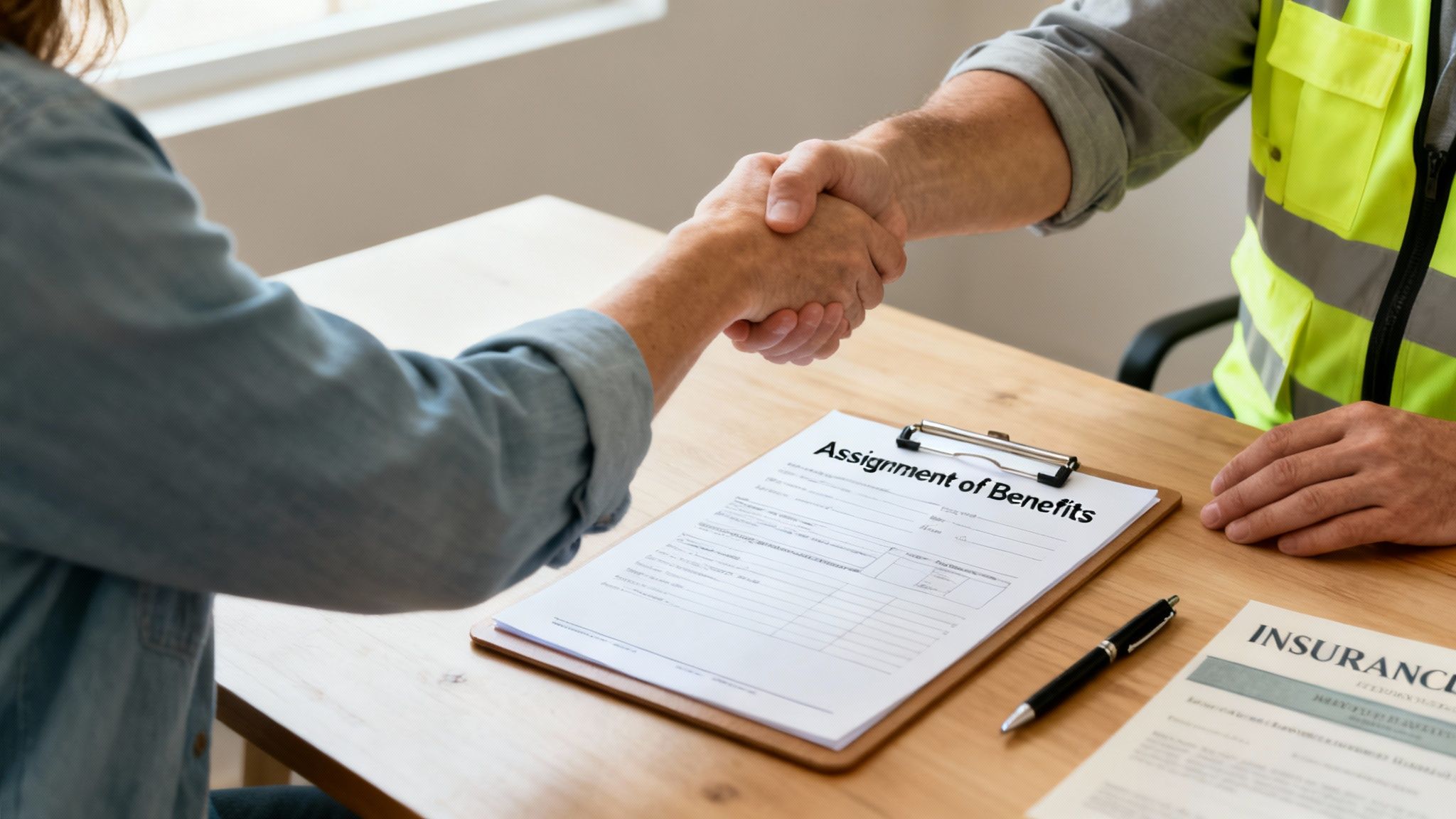 Two professionals shaking hands over assignment of benefits and insurance documents on wooden table