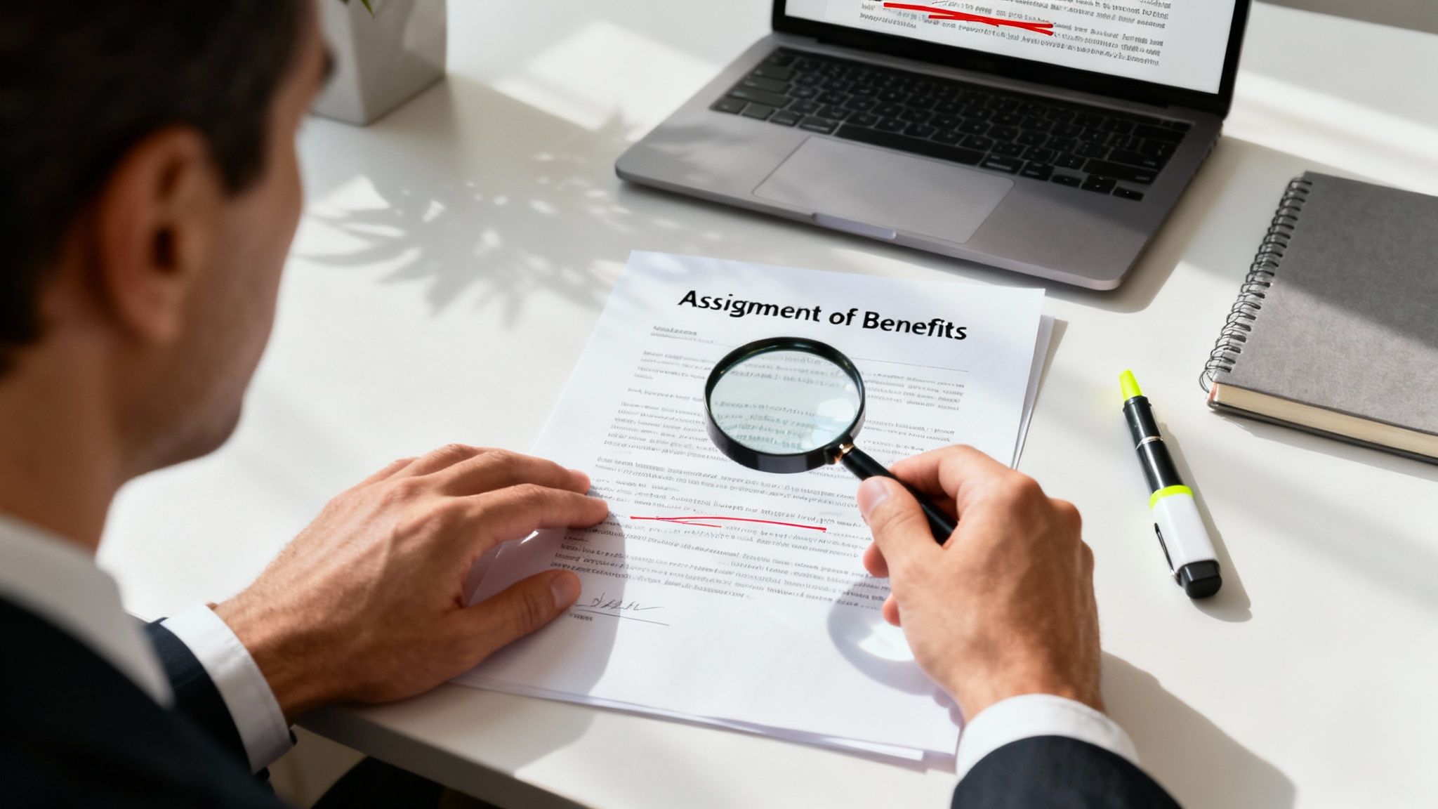 Professional examining assignment of benefits document with magnifying glass at office desk