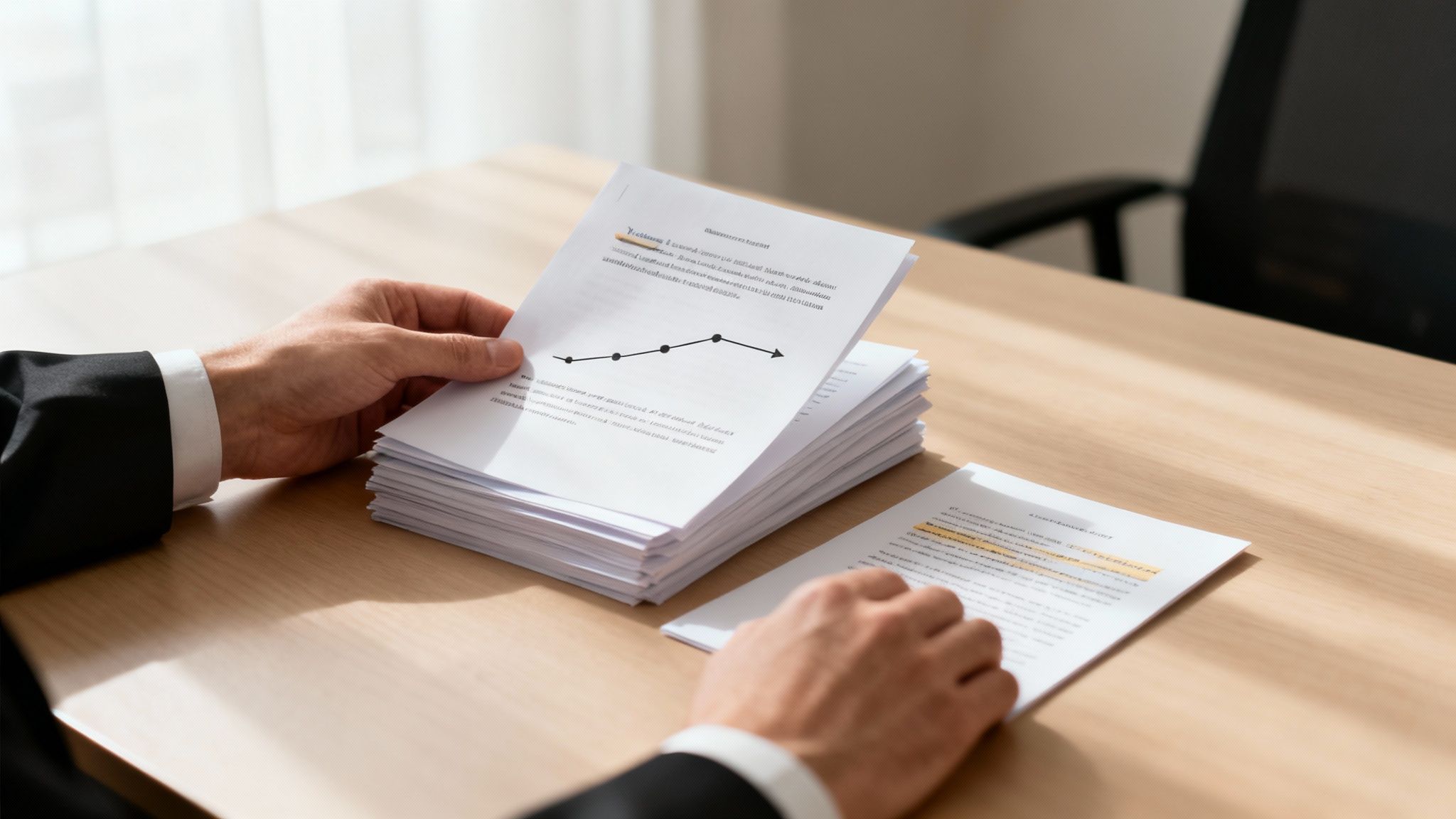 Businessman reviewing financial reports with a line graph on a light wooden office desk.