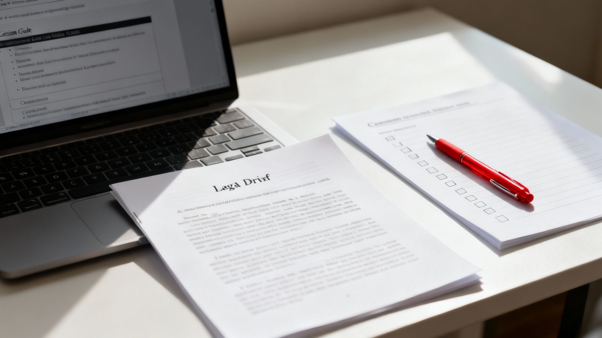 Laptop, legal brief, and checklist with a red pen on a white desk, bathed in sunlight.