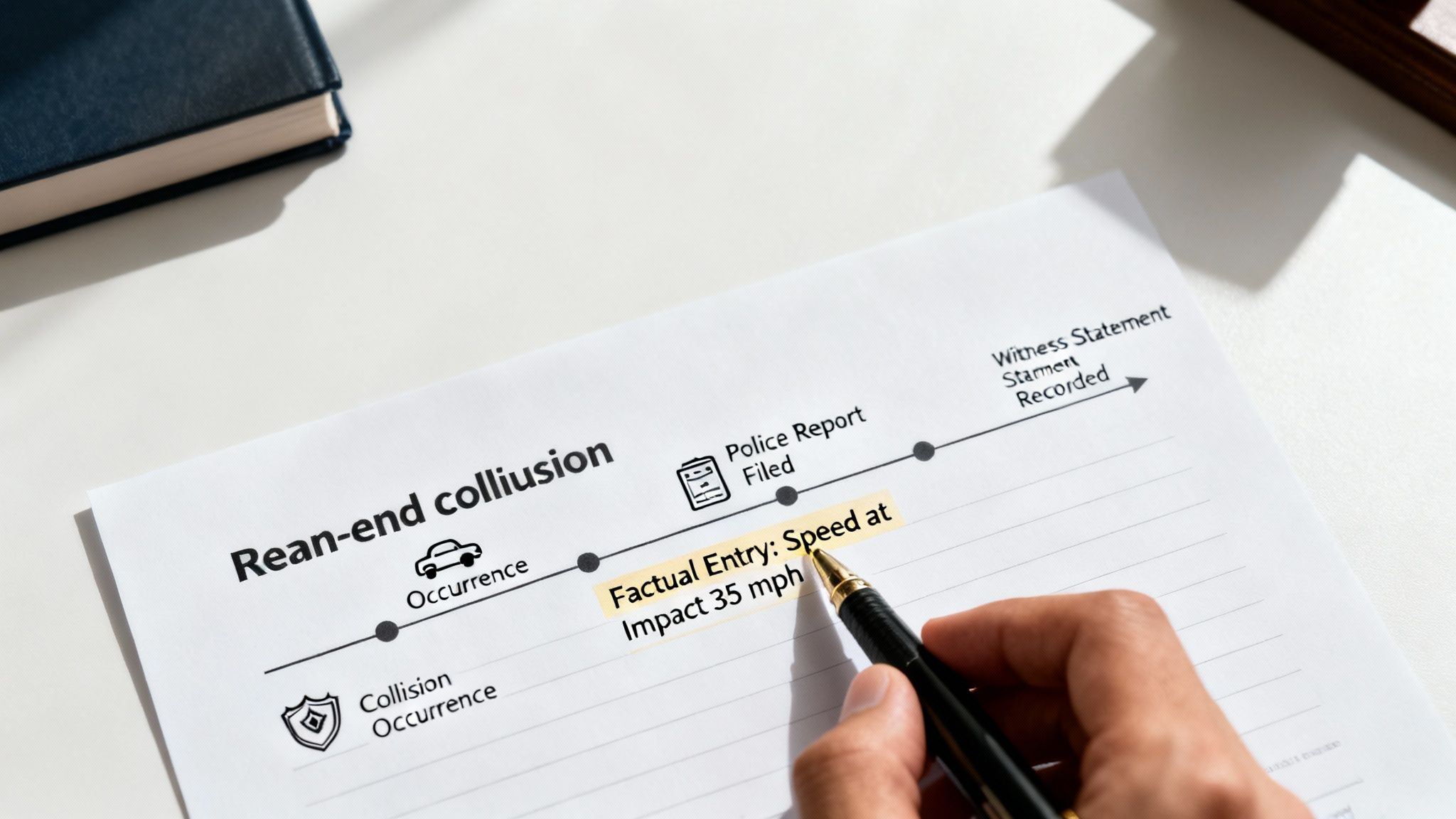 A hand highlights 'Speed at Impact 35 mph' on a document detailing a rear-end collision timeline.