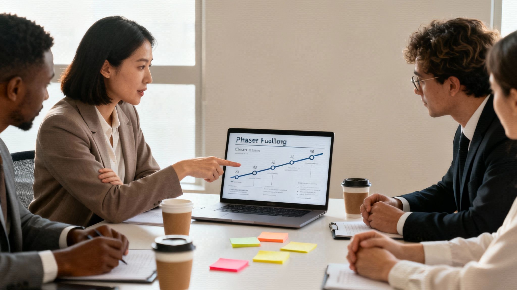 Diverse business team collaborating in a meeting, reviewing a project timeline on a laptop.